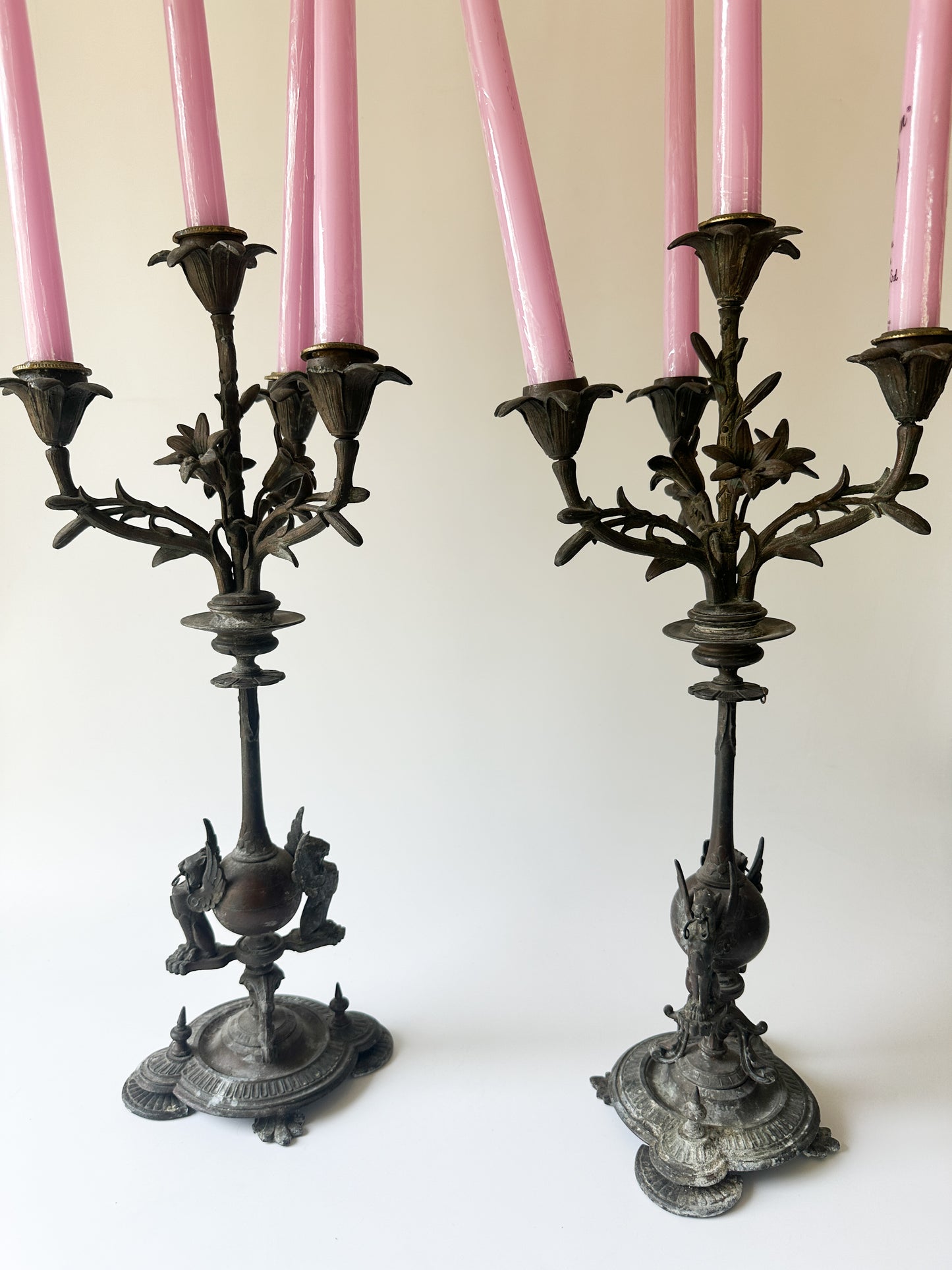 Antique Solid Bronze Four Arm Candelabras (Pair) - Winged Lions and Flowers