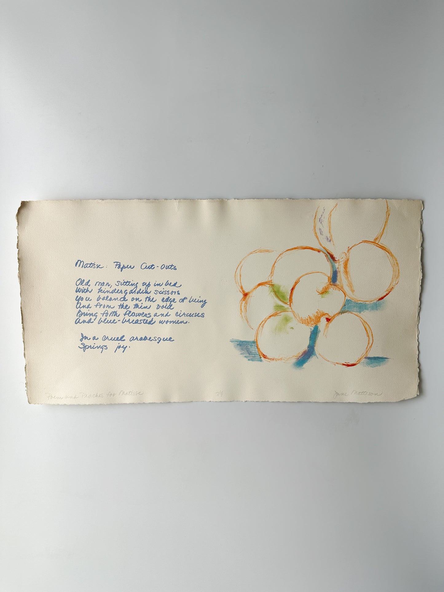 "PALM AND PEACHES FOR MATISSE" Aquatint by Late Artist, Jane Matteson (22.5” W 11” H)