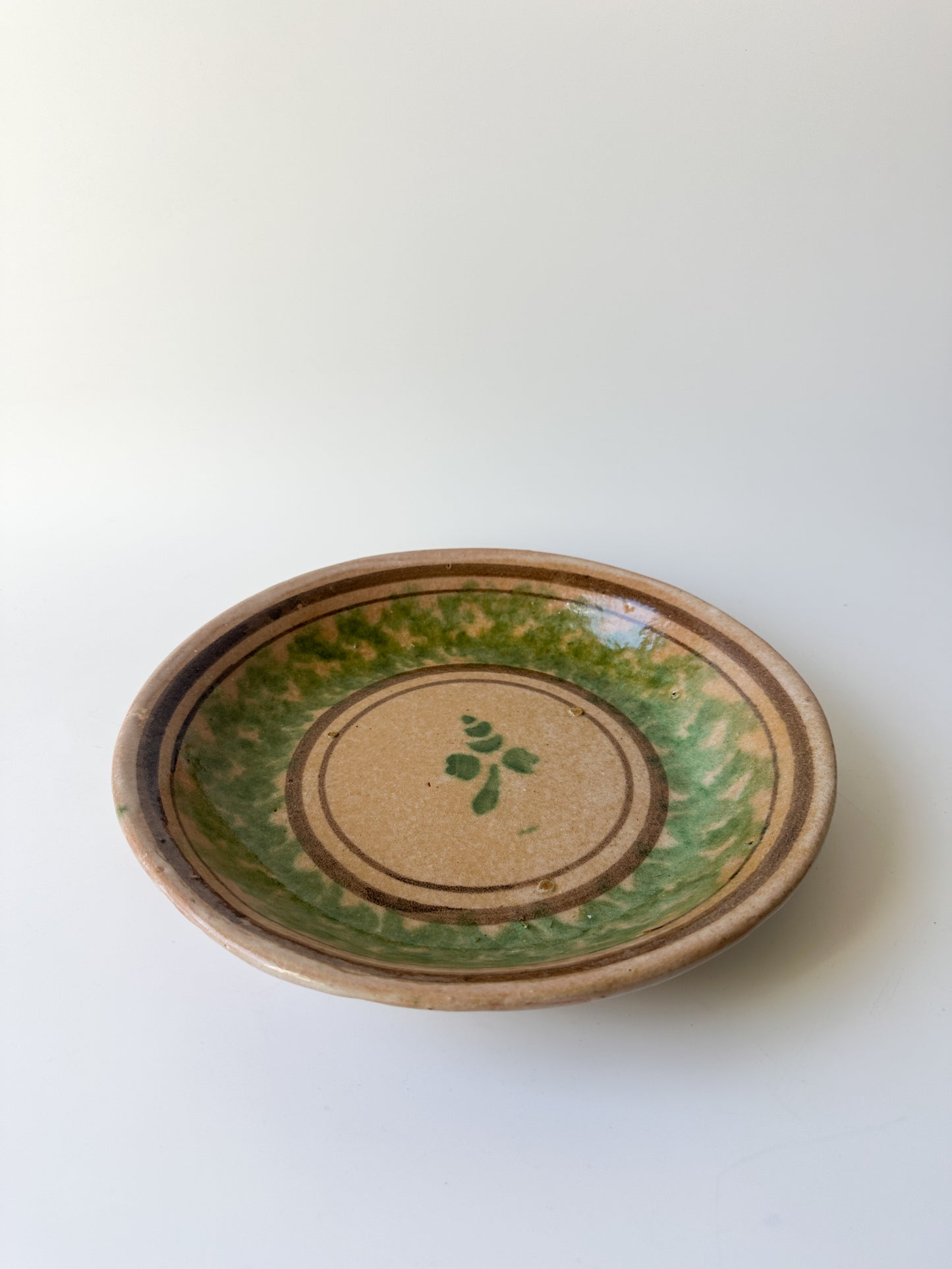 Vintage Green and Tan Hand-Painted Floral Ceramic Bowl