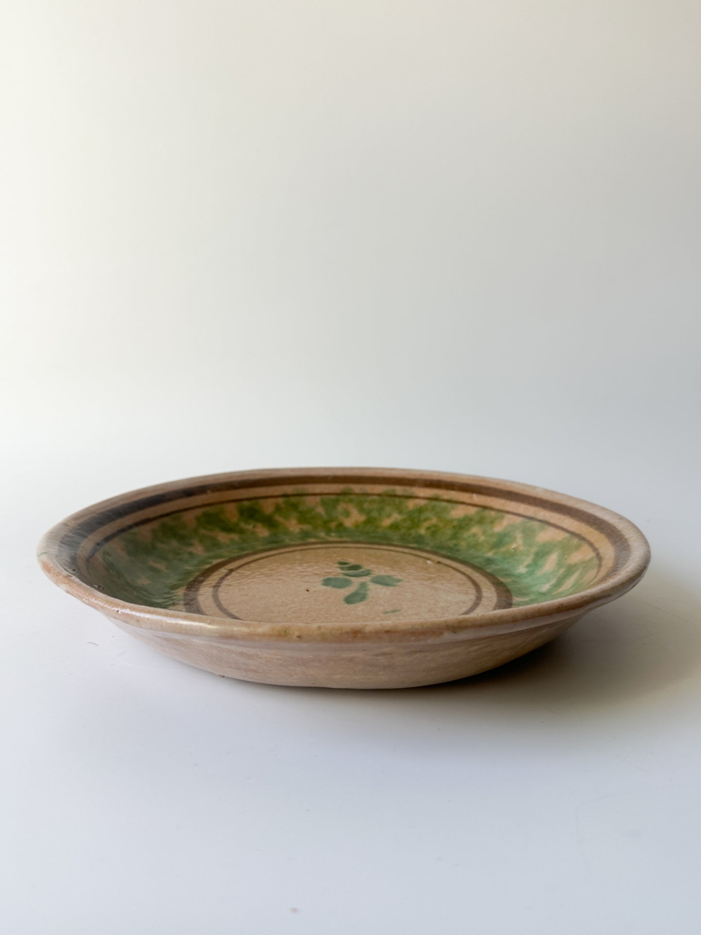 Vintage Green and Tan Hand-Painted Floral Ceramic Bowl