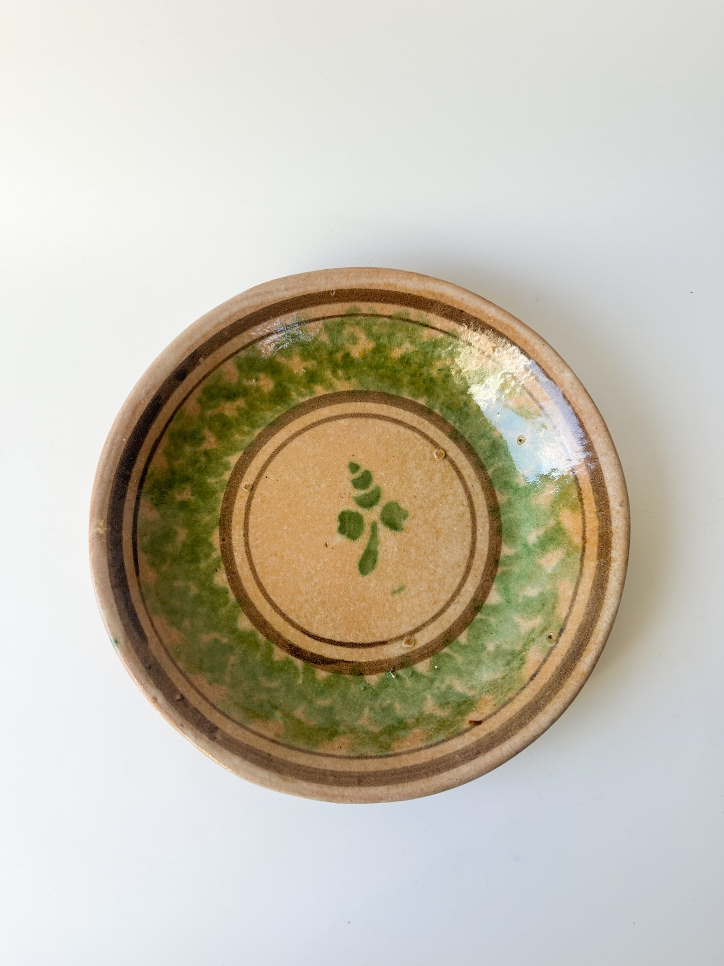 Vintage Green and Tan Hand-Painted Floral Ceramic Bowl