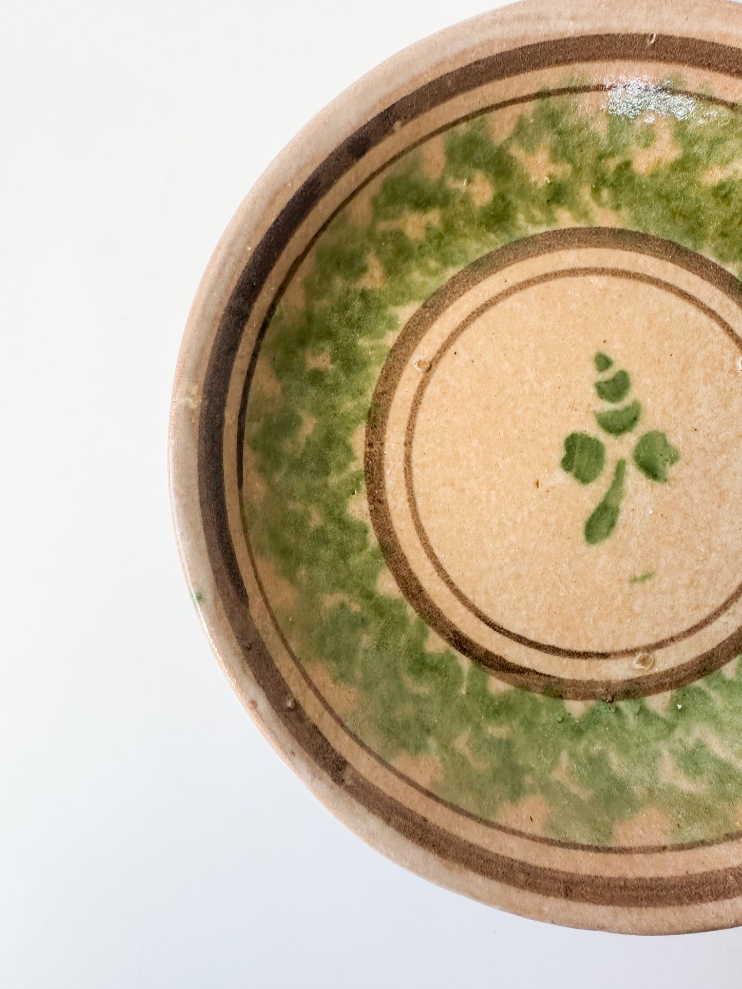 Vintage Green and Tan Hand-Painted Floral Ceramic Bowl