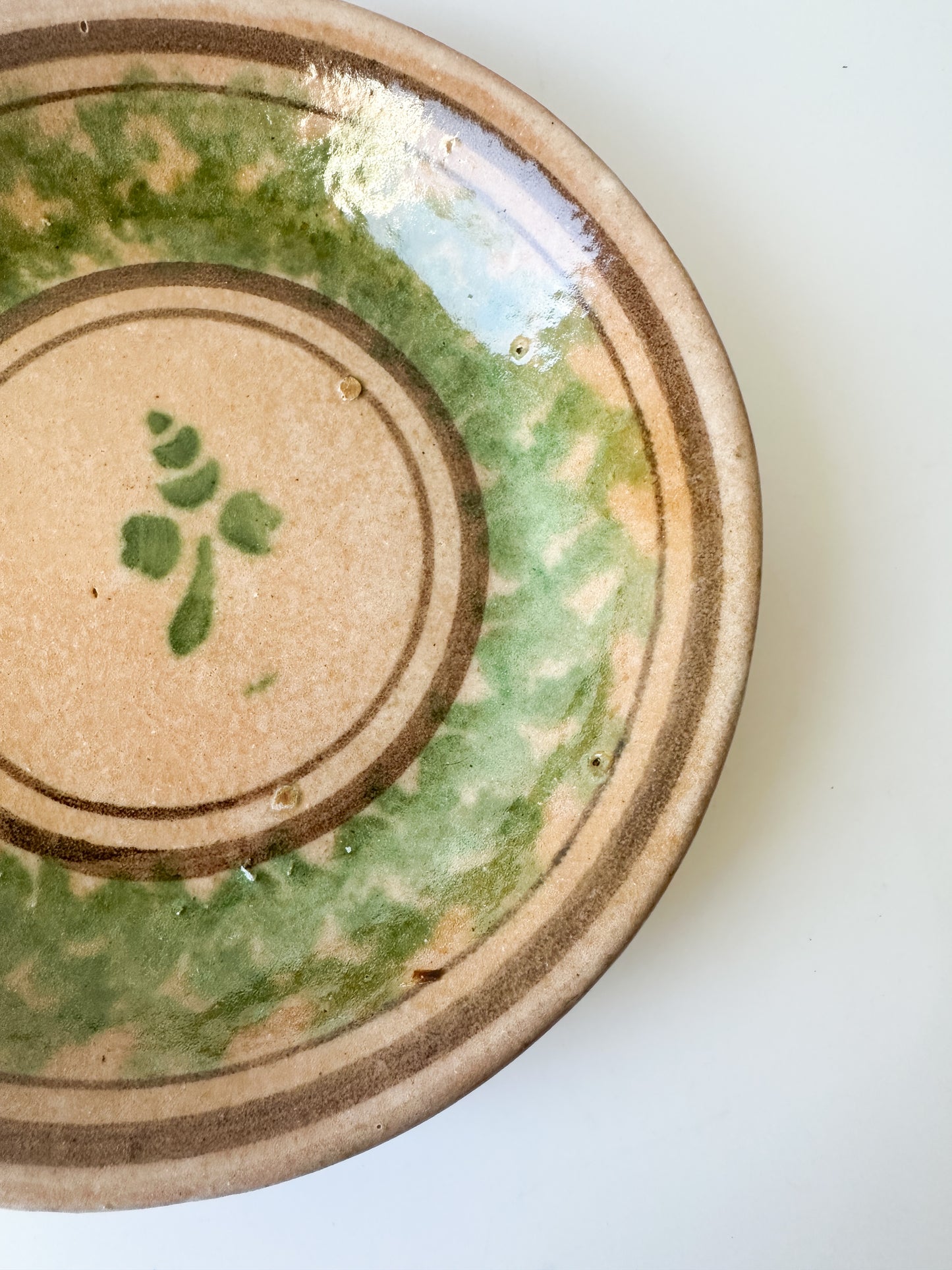 Vintage Green and Tan Hand-Painted Floral Ceramic Bowl