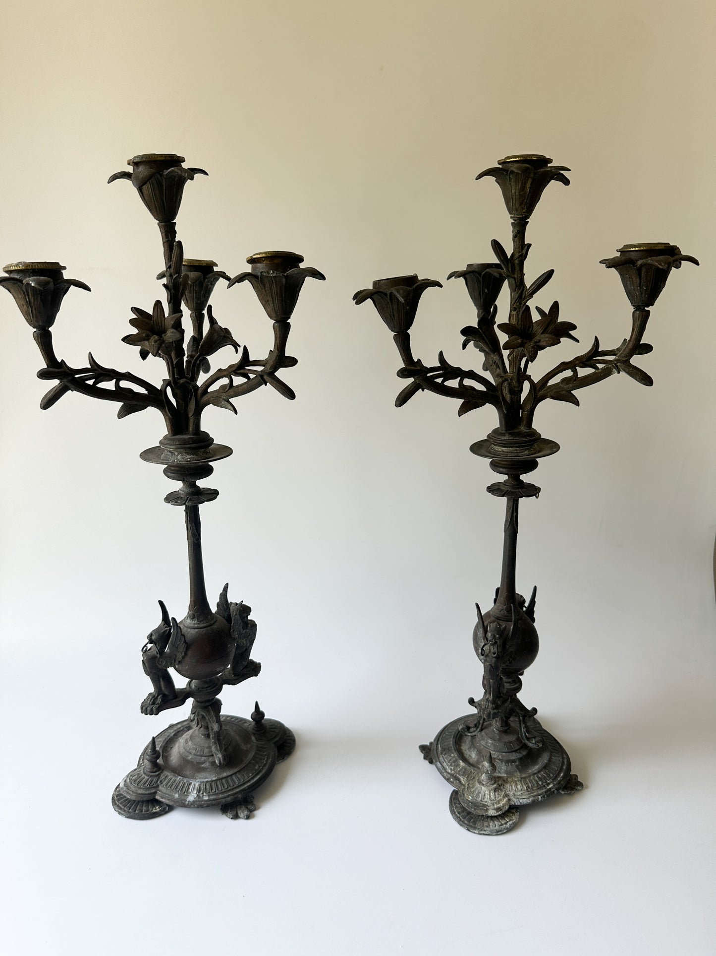 Antique Solid Bronze Four Arm Candelabras (Pair) - Winged Lions and Flowers