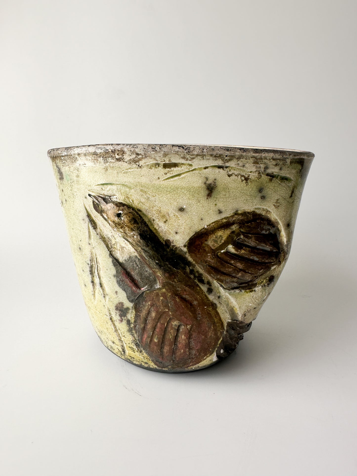 Handmade Raku Pottery Vase or Planter with Flying Fish/Bird Relief