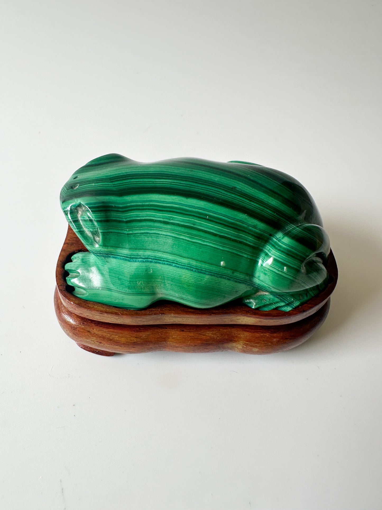 Polished Genuine Malachite Frog with Wood Stand (2.75"L x 2"W x 1"H)