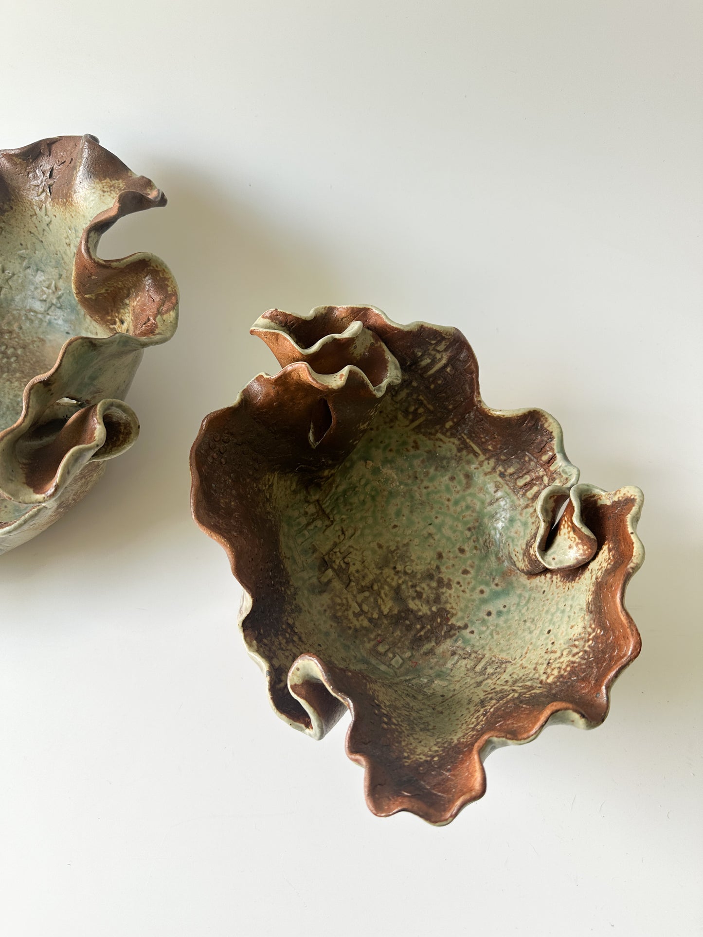 Pair of Handmade Ruffle Pottery Decorative Bowls