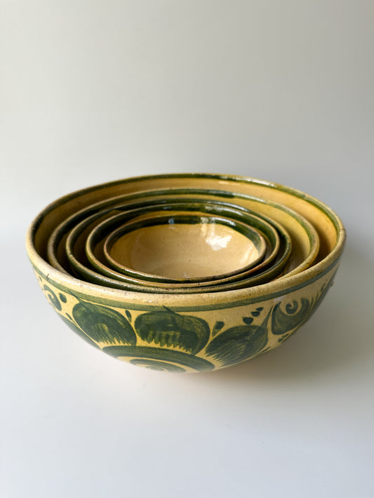 Set of five (5) Vintage Tlaquepaque Yellow and Green Reware Nesting Bowls