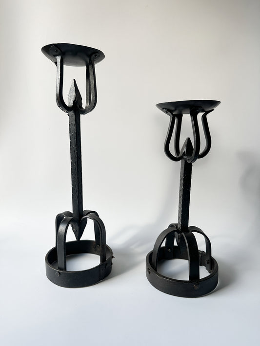 Pair of Vintage Wrought Iron Gothic Candlesticks