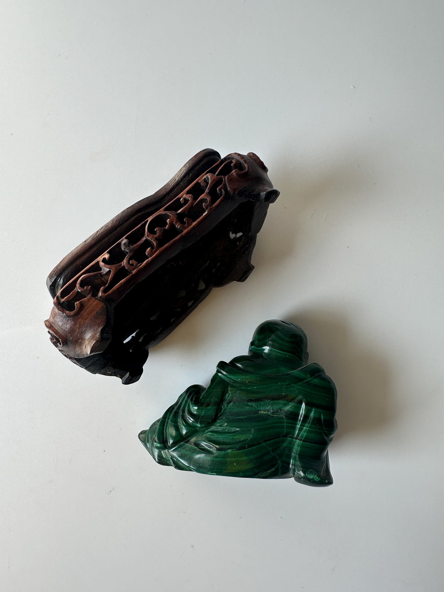 Genuine Malachite Buddha with Wood Stand (2.125"L x 1"W x 1.75"H)