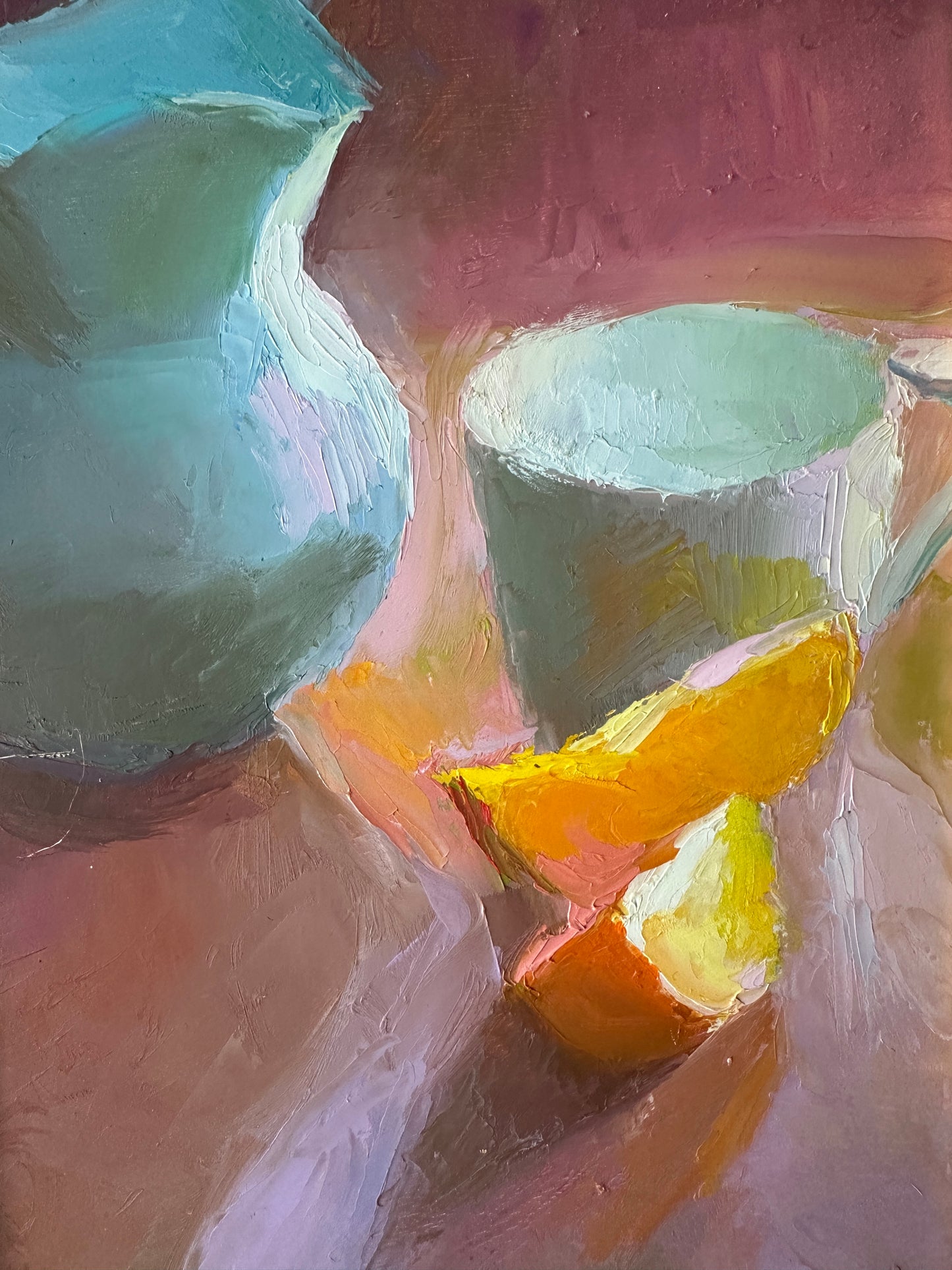 Still Life Oil on Board - Painting of Pitcher and Fruit by Valerie Kinzer (7 1/8 W x 9 1/4 "H)