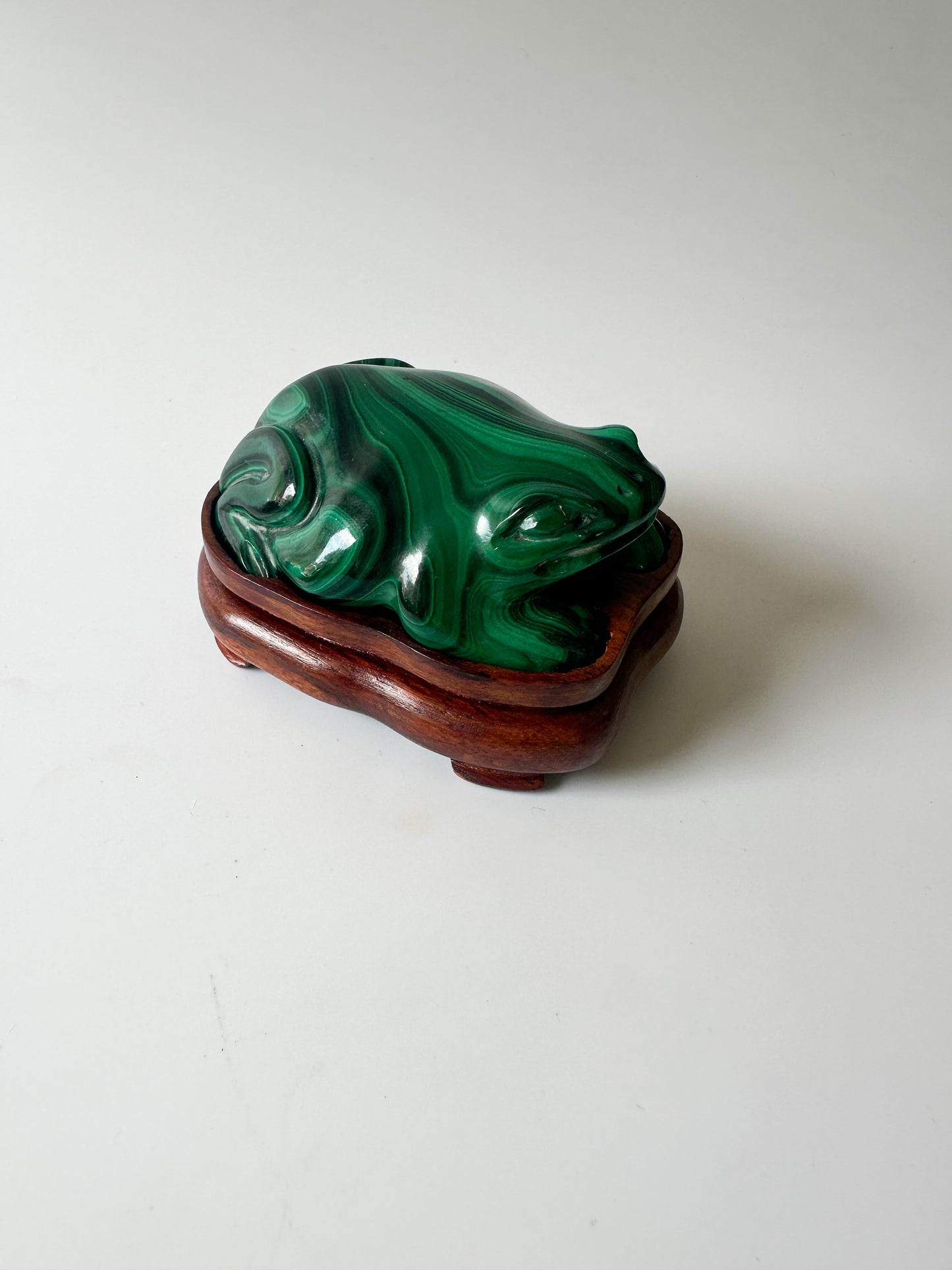 Polished Genuine Malachite Frog with Wood Stand (2.75"L x 2"W x 1"H)