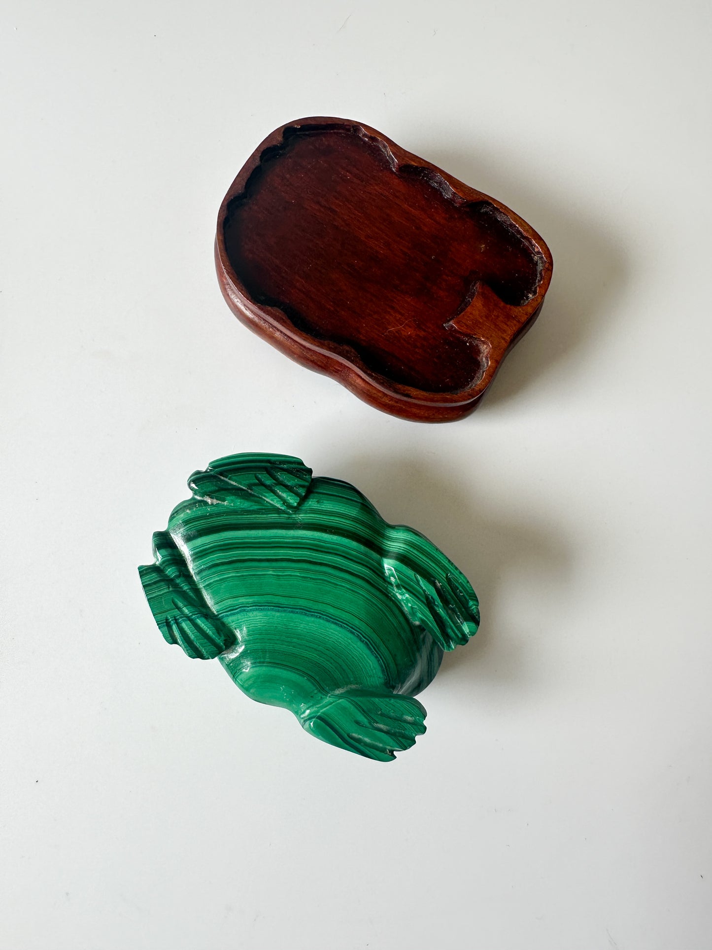 Polished Genuine Malachite Frog with Wood Stand (2.75"L x 2"W x 1"H)