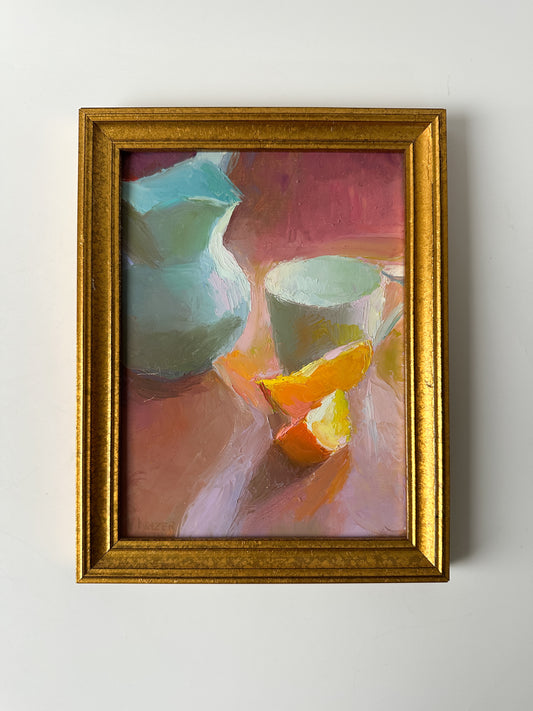 Still Life Oil on Board - Painting of Pitcher and Fruit by Valerie Kinzer (7 1/8 W x 9 1/4 "H)