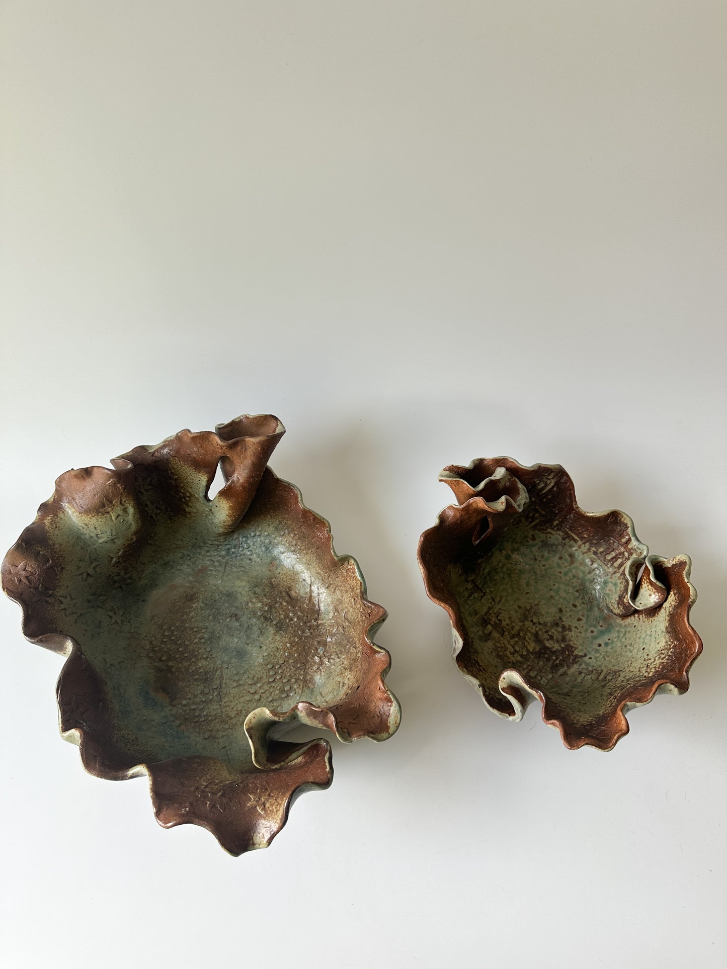 Pair of Handmade Ruffle Pottery Decorative Bowls