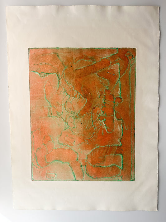 Orange and Green Abstract - Intaglio by the late Velda Warner (16.75”W x 20.75”H)