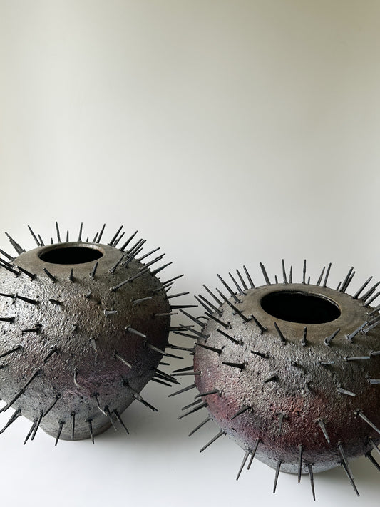 Large Raku Vessels with Iron Spikes (Signed) (16" W x 13" H)