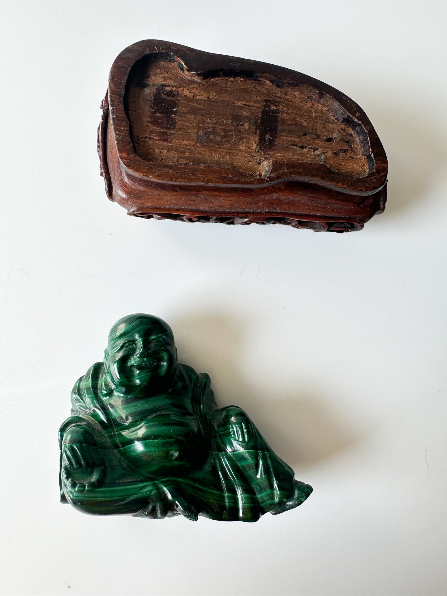 Genuine Malachite Buddha with Wood Stand (2.125"L x 1"W x 1.75"H)