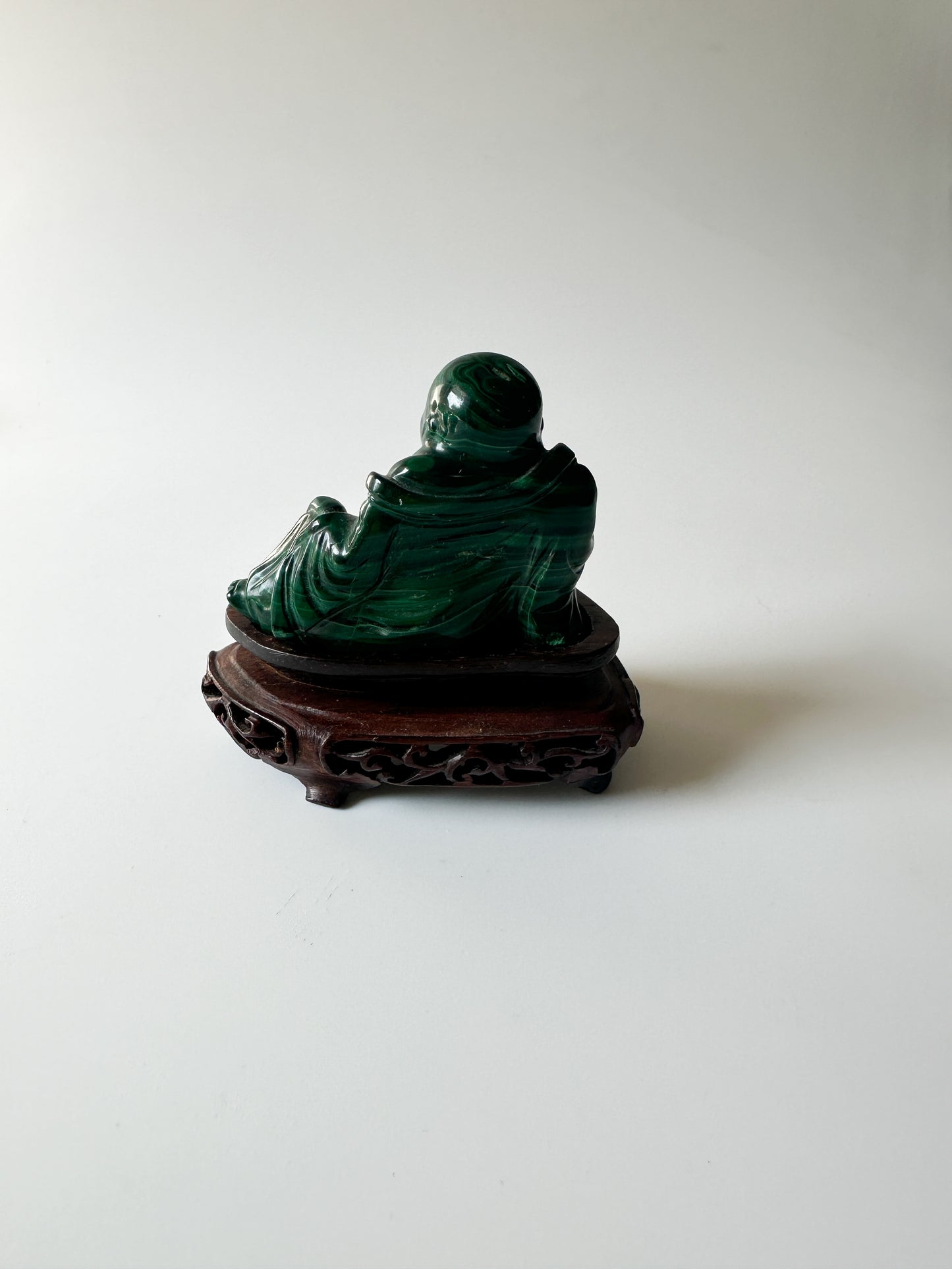 Genuine Malachite Buddha with Wood Stand (2.125"L x 1"W x 1.75"H)