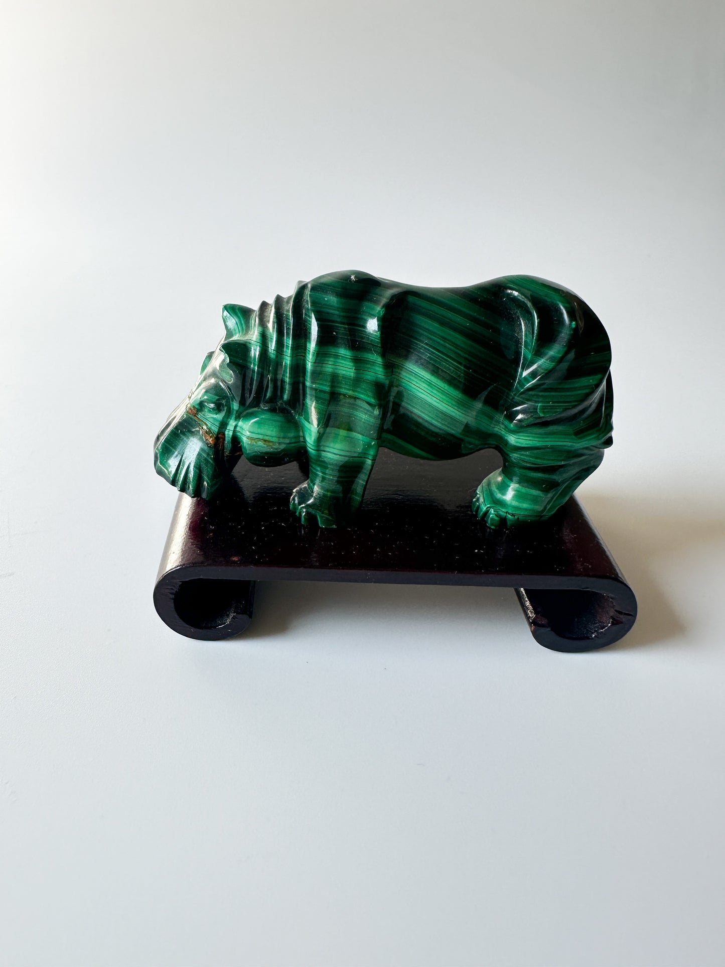 Genuine Malachite [repaired] Hippopotamus with Wood Stand (2.75"L x 2.875"W x 1"H)