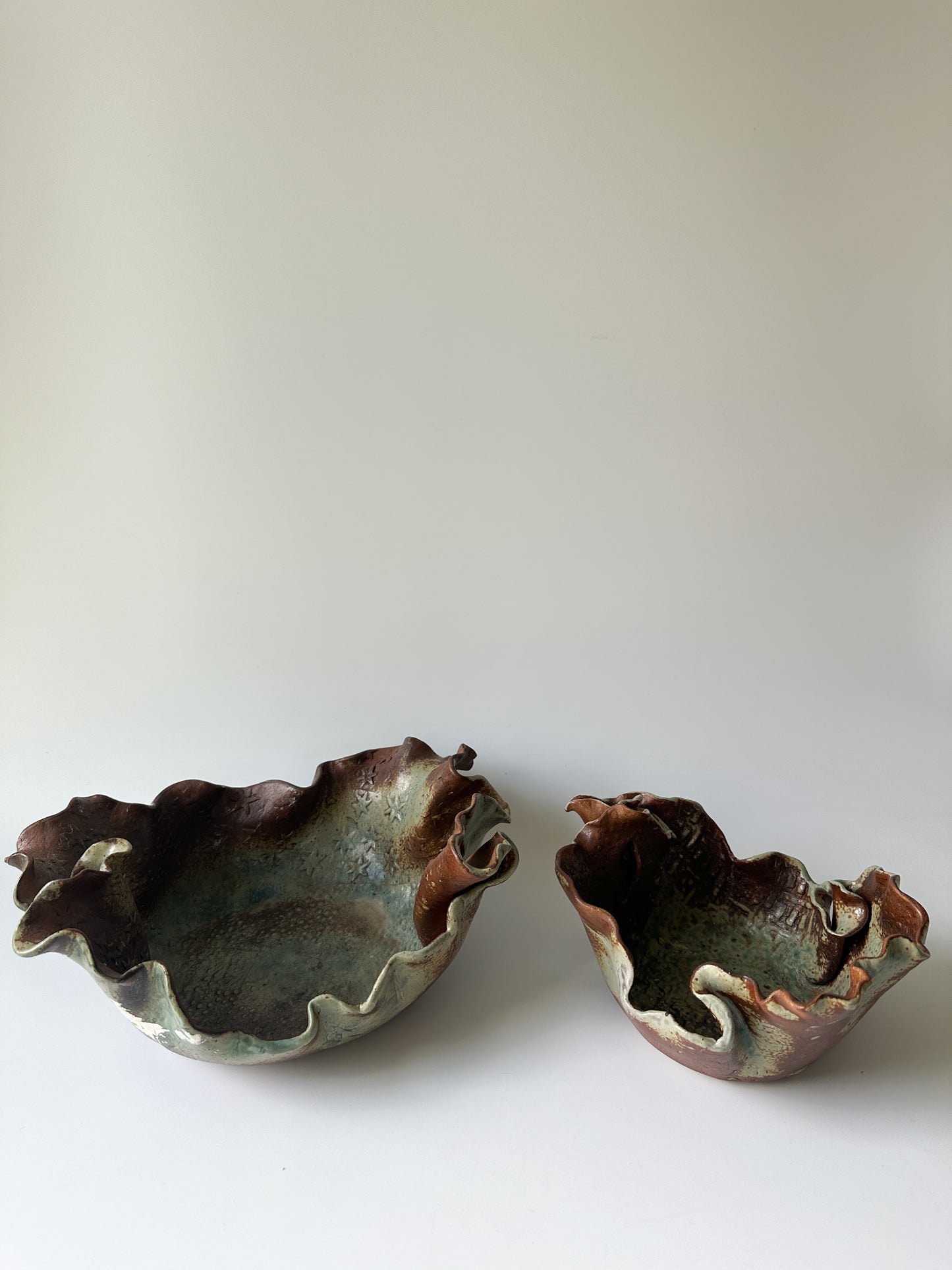 Pair of Handmade Ruffle Pottery Decorative Bowls