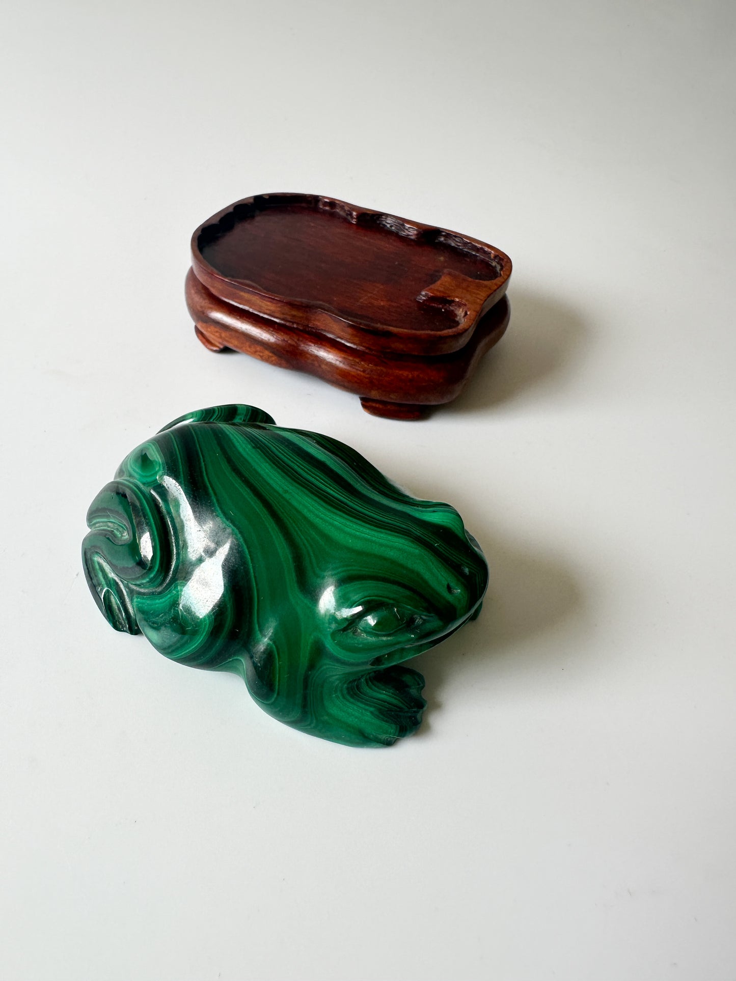 Polished Genuine Malachite Frog with Wood Stand (2.75"L x 2"W x 1"H)