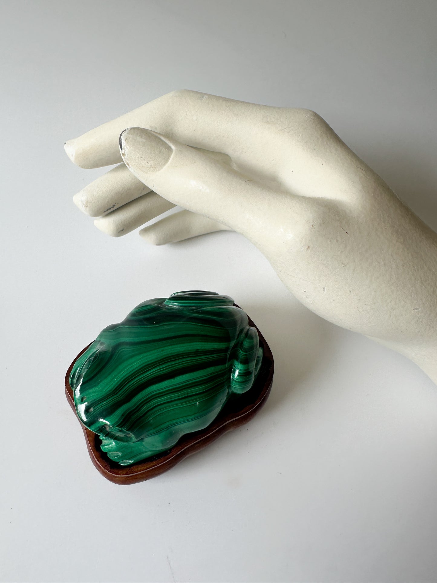 Polished Genuine Malachite Frog with Wood Stand (2.75"L x 2"W x 1"H)