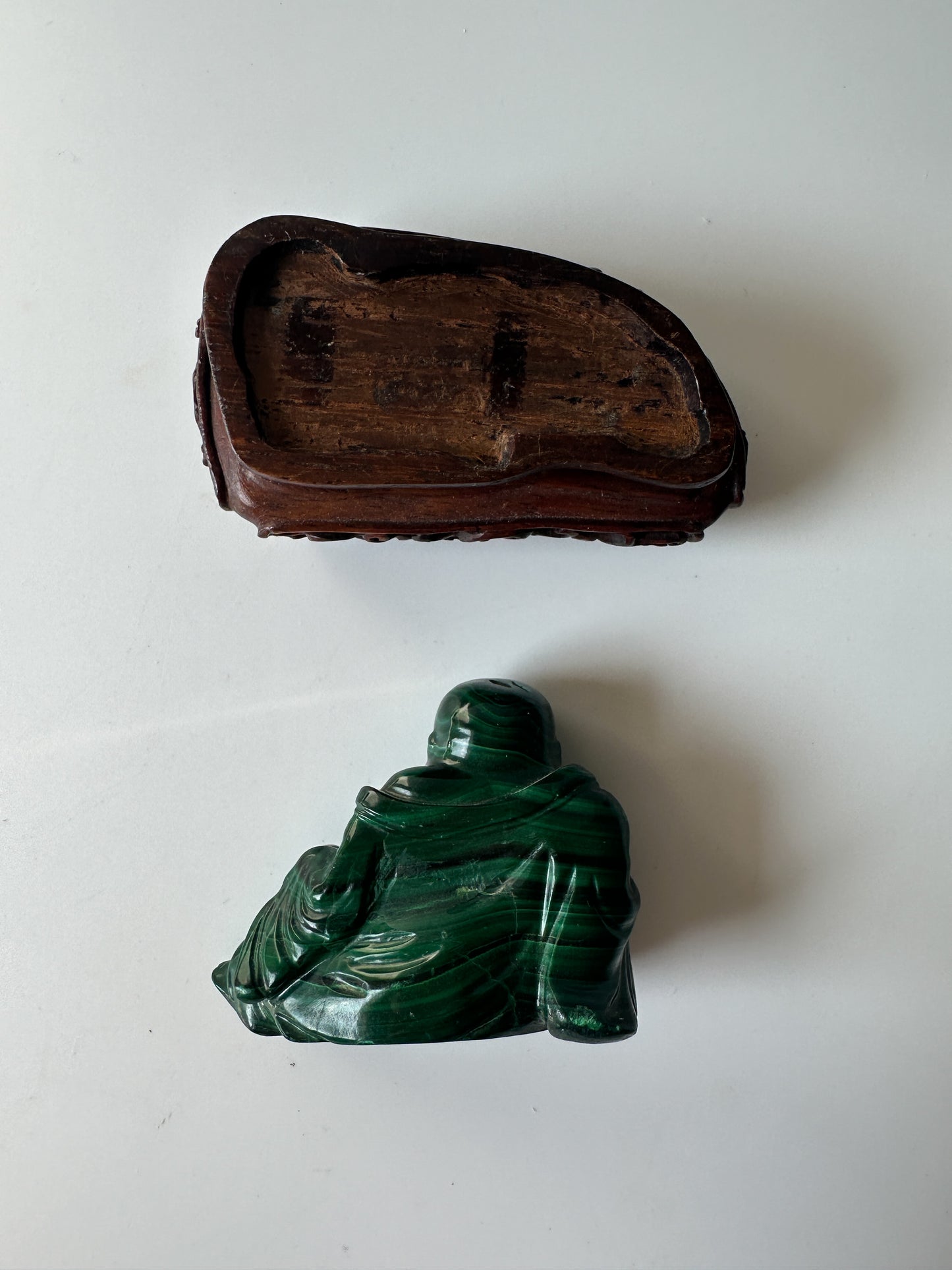 Genuine Malachite Buddha with Wood Stand (2.125"L x 1"W x 1.75"H)