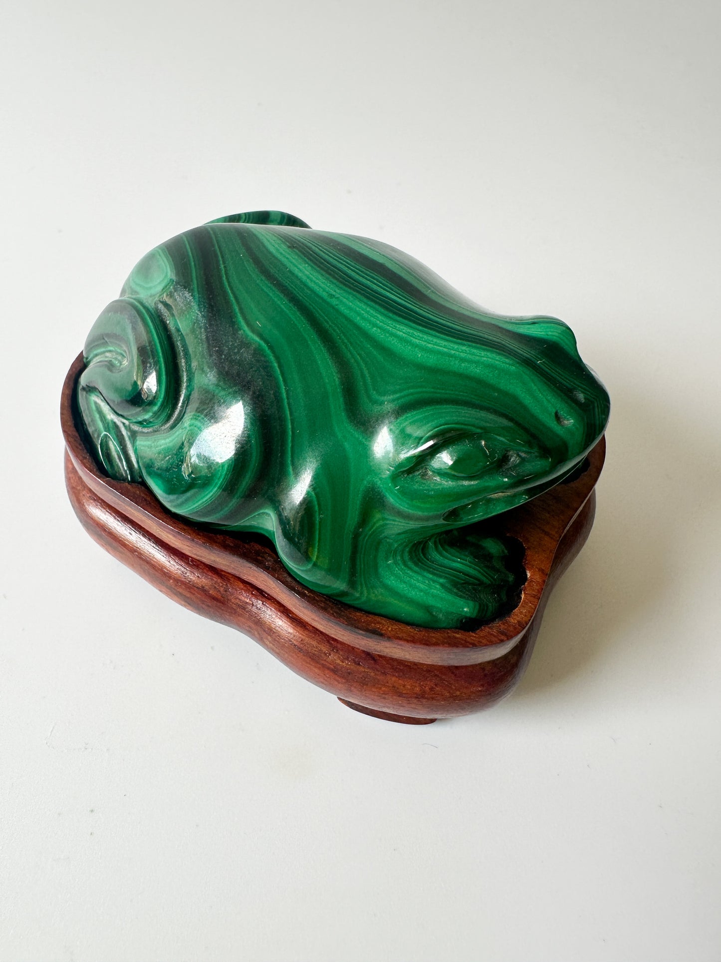 Polished Genuine Malachite Frog with Wood Stand (2.75"L x 2"W x 1"H)