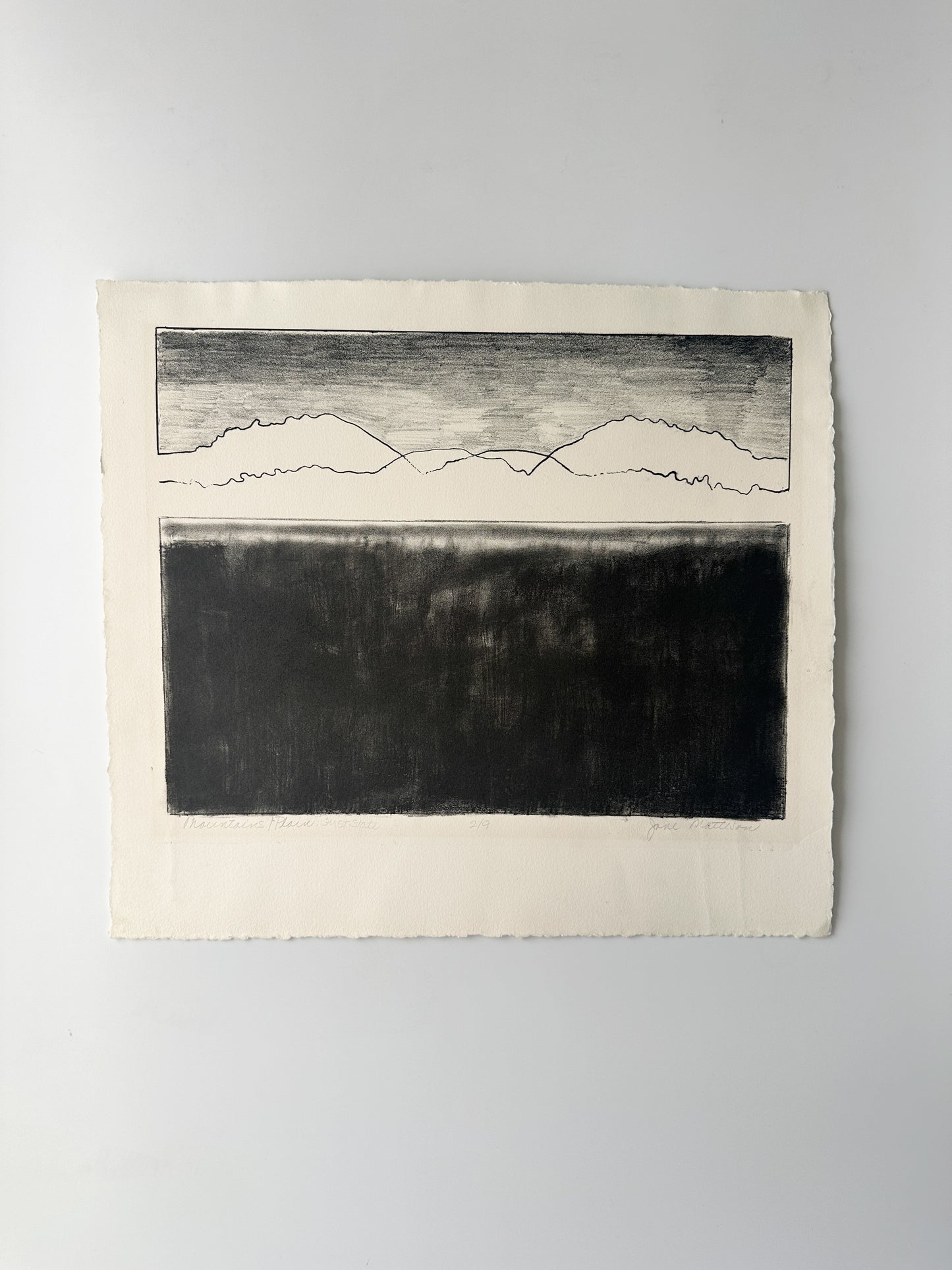 "MOUNTAINS / PLAIN" - Aquatint by Late Artist, Jane Matteson (18" W x 15.75" H)