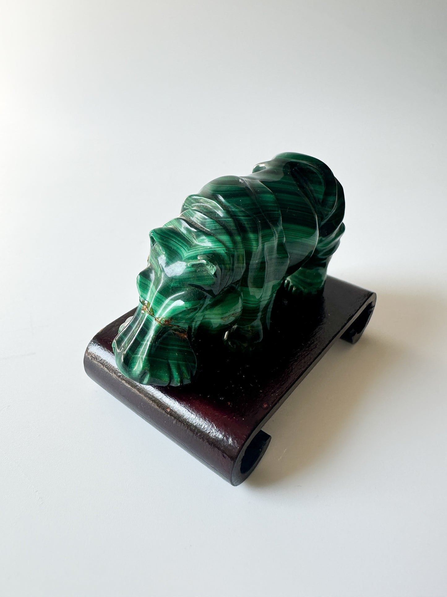 Genuine Malachite [repaired] Hippopotamus with Wood Stand (2.75"L x 2.875"W x 1"H)