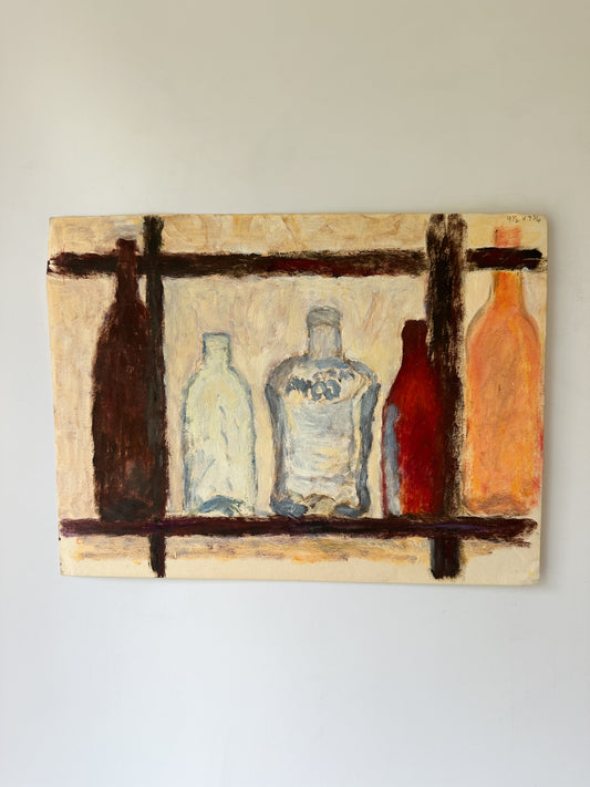 Bottles on a Shelf - Oil Painting on Paper by Isaac Ortiz (12”W x 9”H)