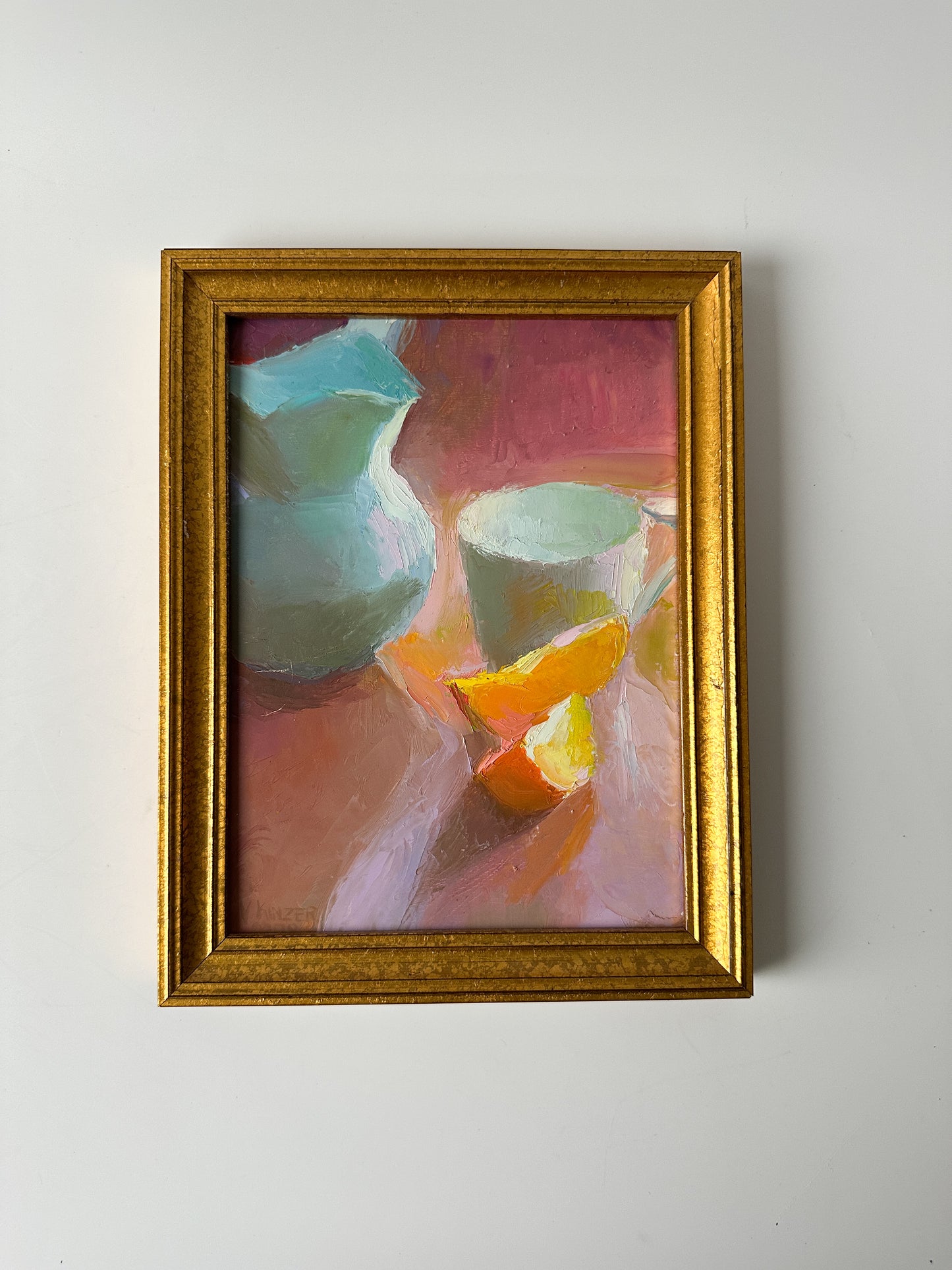 Still Life Oil on Board - Painting of Pitcher and Fruit by Valerie Kinzer (7 1/8 W x 9 1/4 "H)