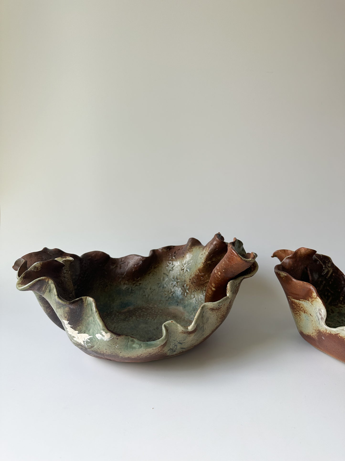 Pair of Handmade Ruffle Pottery Decorative Bowls