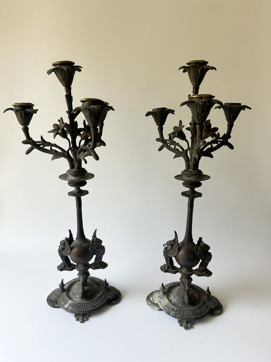 Antique Solid Bronze Four Arm Candelabras (Pair) - Winged Lions and Flowers