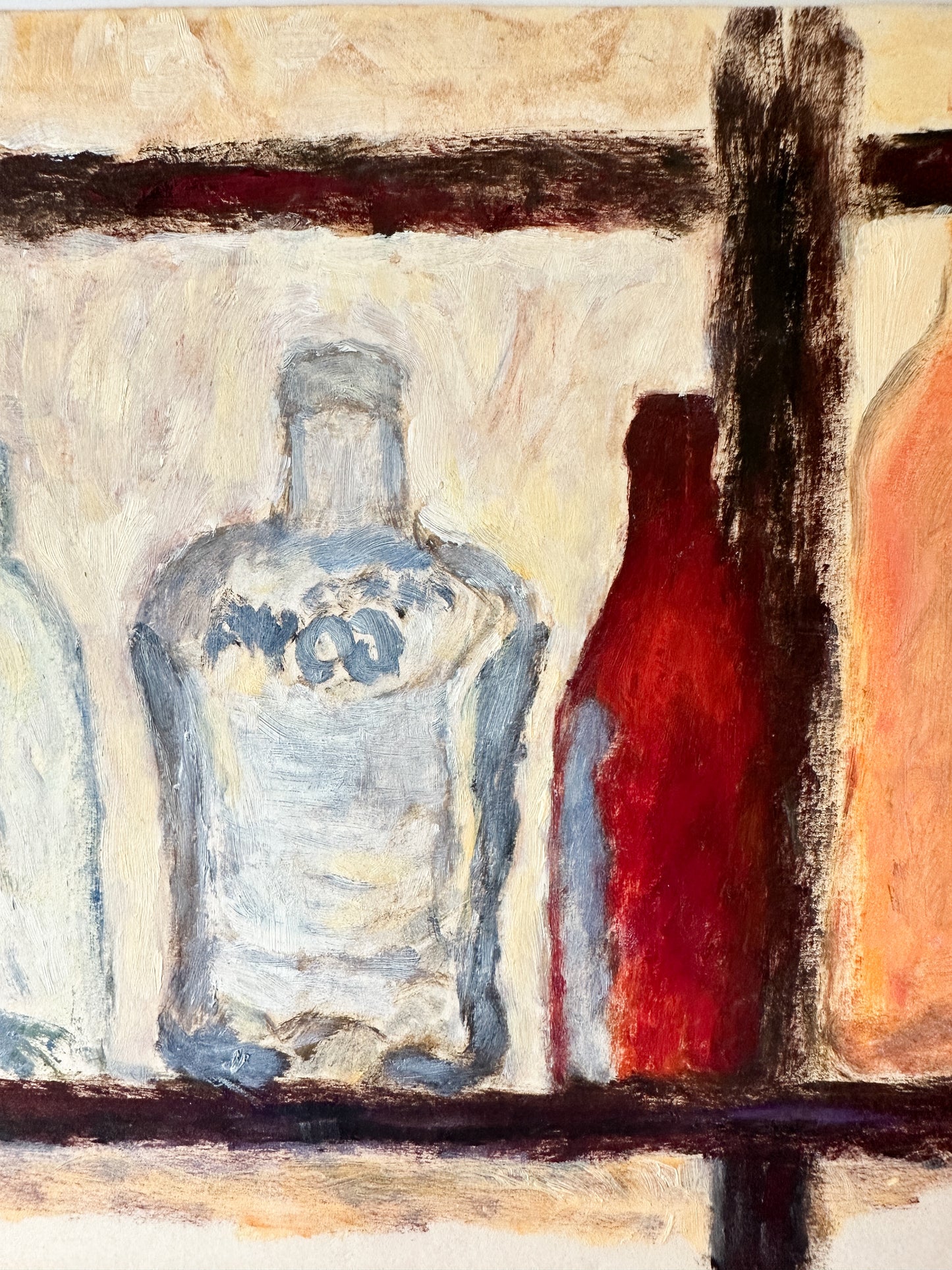 Bottles on a Shelf - Oil Painting on Paper by Isaac Ortiz (12”W x 9”H)