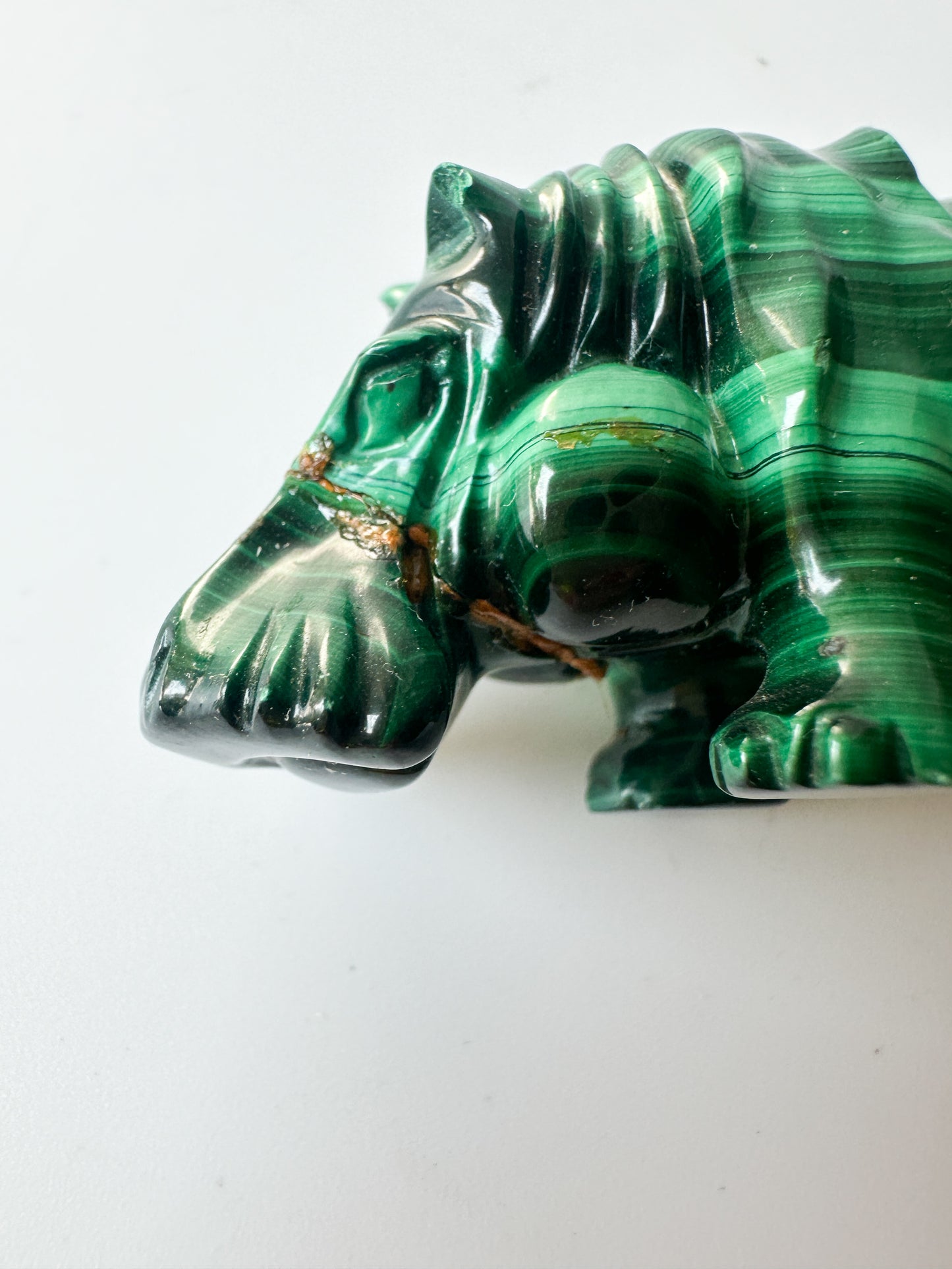 Genuine Malachite [repaired] Hippopotamus with Wood Stand (2.75"L x 2.875"W x 1"H)