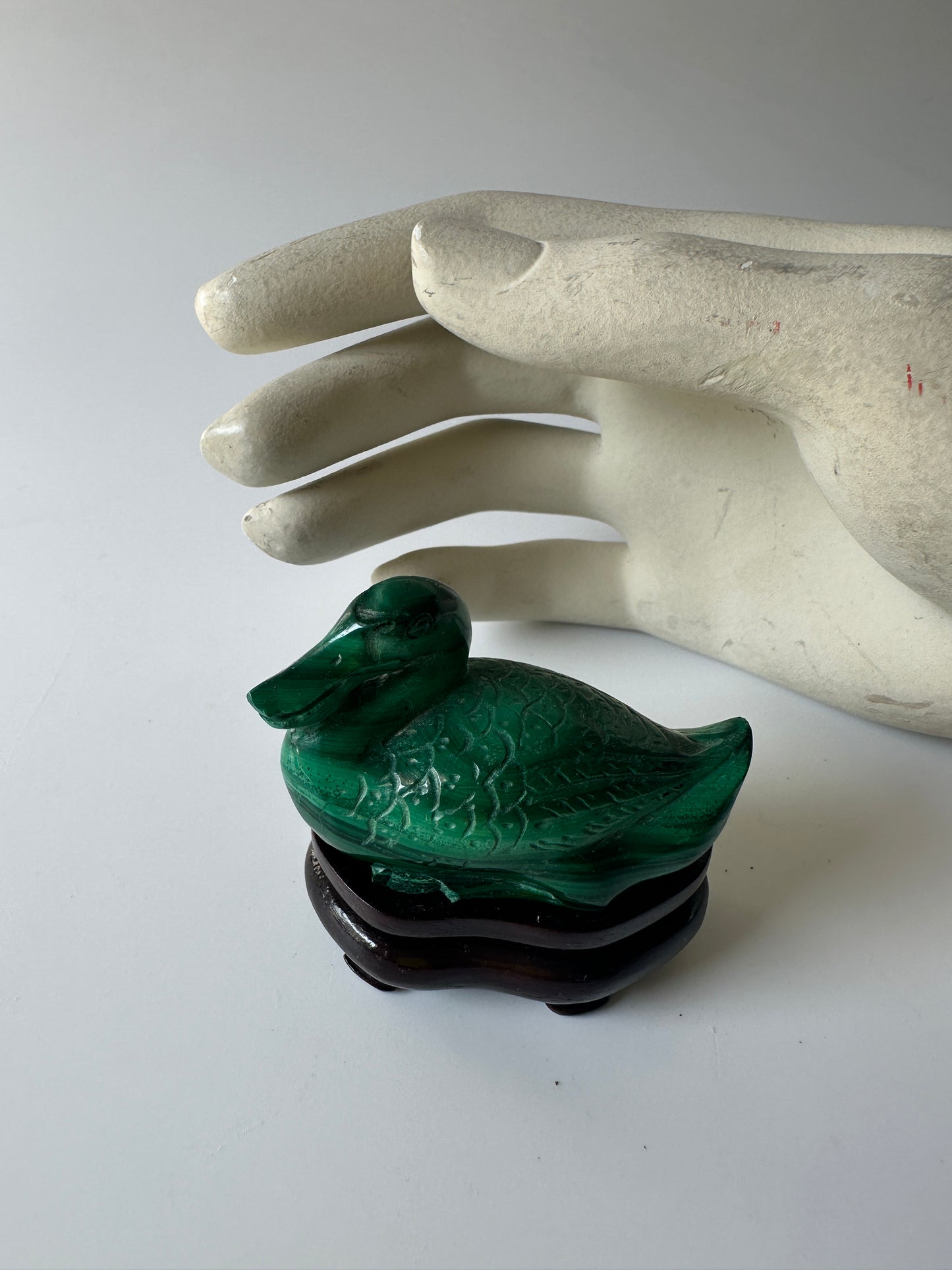 Genuine Malachite Duck with Wood Stand (2.5"L x 1.125"W x 1.375"H)