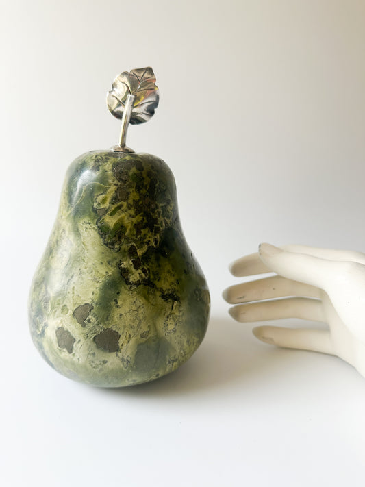 Large Green Alabaster Pear with Sterling Leaf