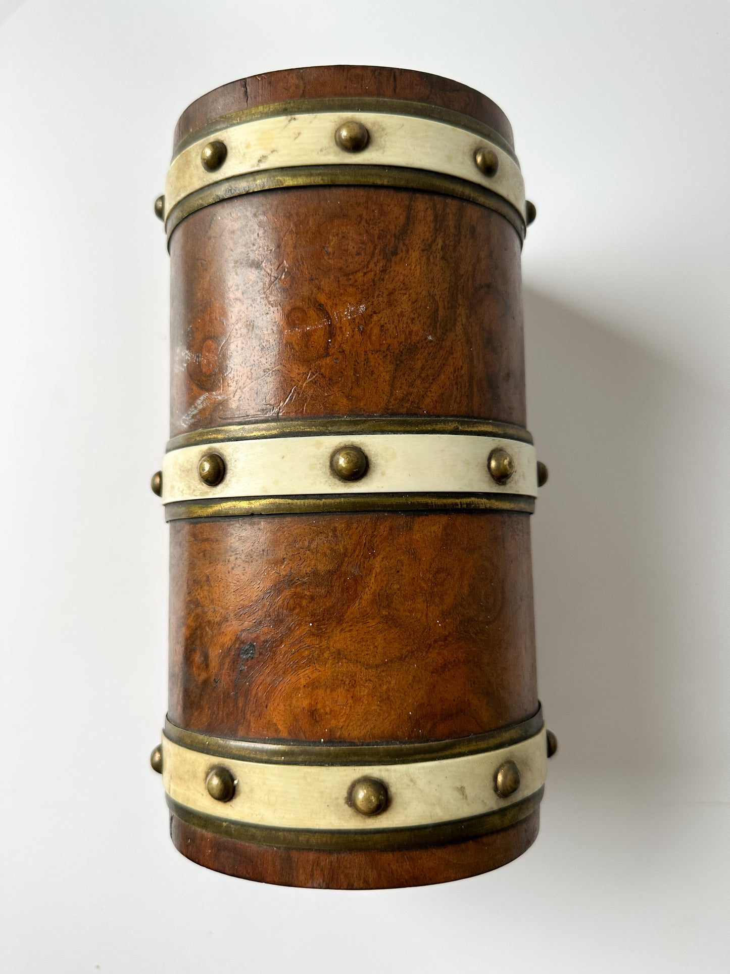 Antique Burl Walnut Wood Dome Lid Box with Brass Details