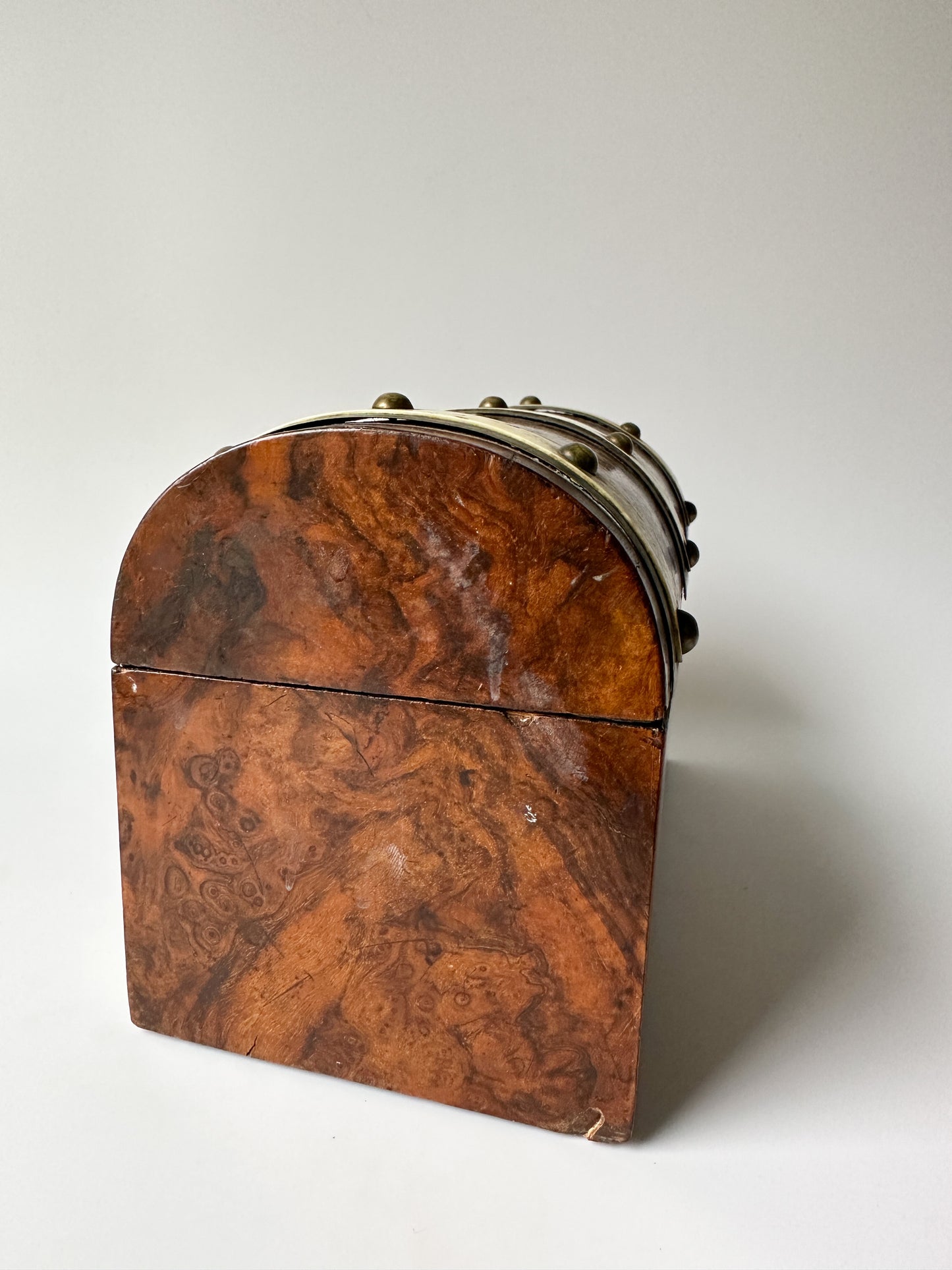 Antique Burl Walnut Wood Dome Lid Box with Brass Details