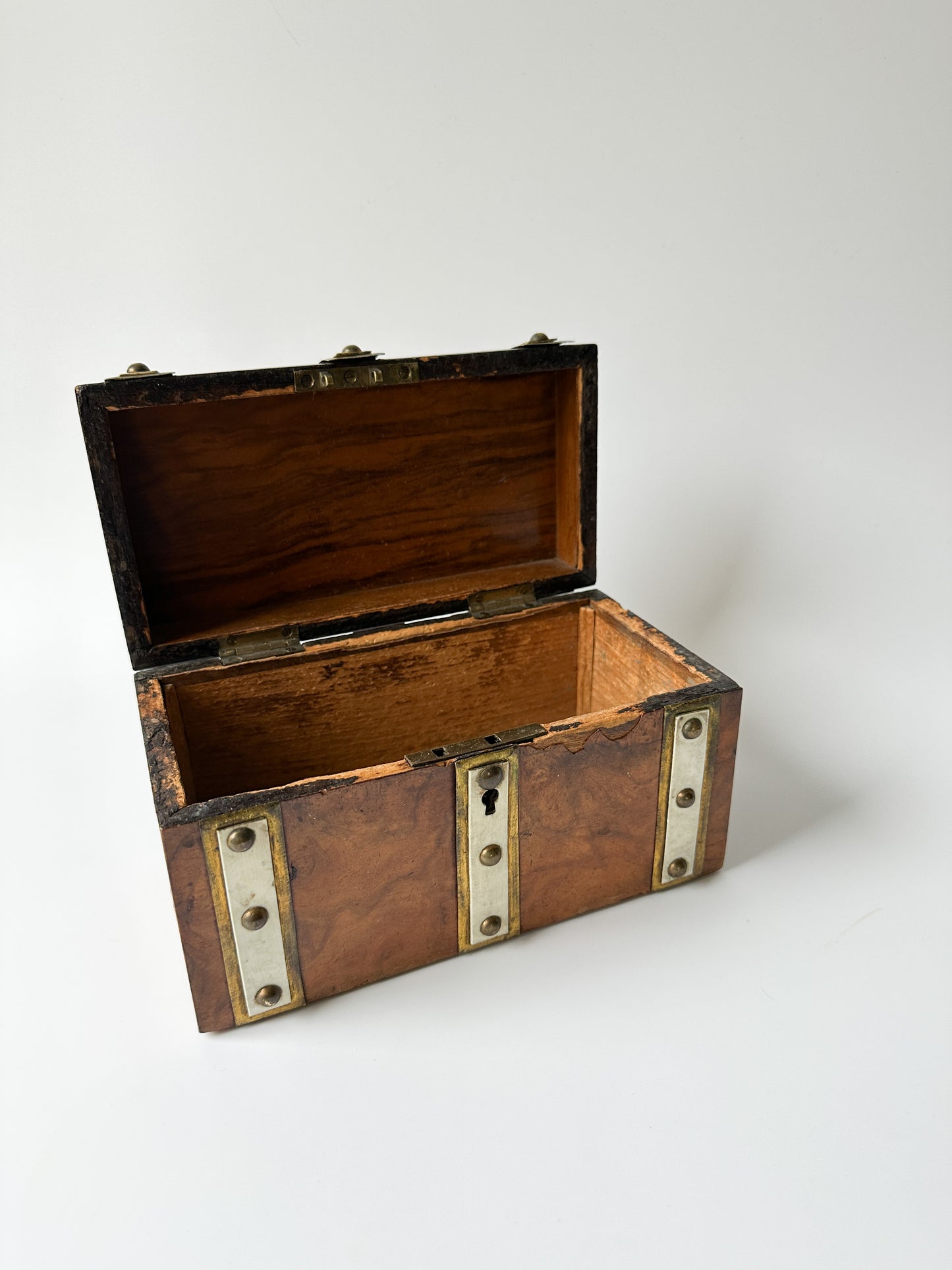 Antique Burl Walnut Wood Dome Lid Box with Brass Details