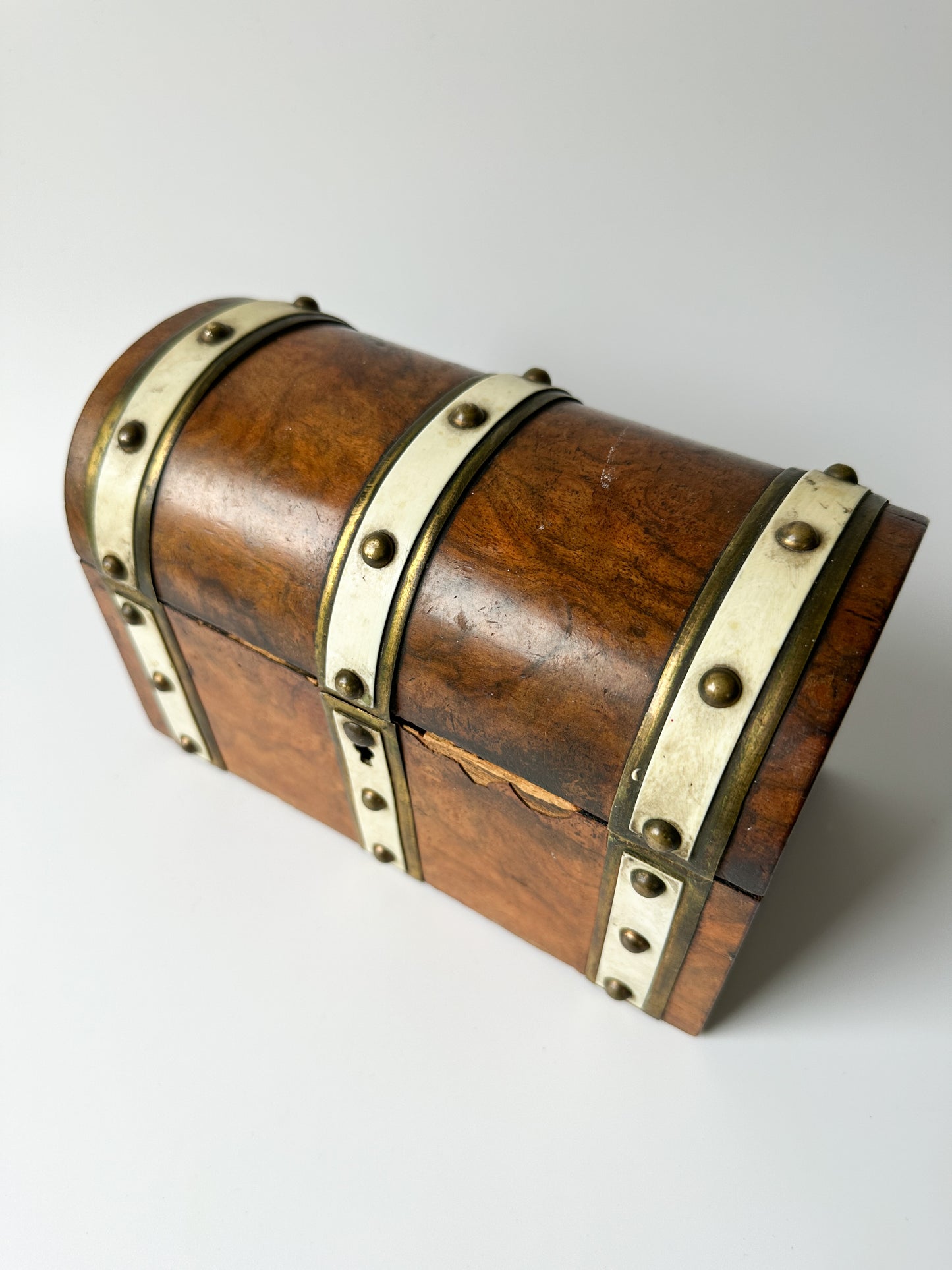 Antique Burl Walnut Wood Dome Lid Box with Brass Details