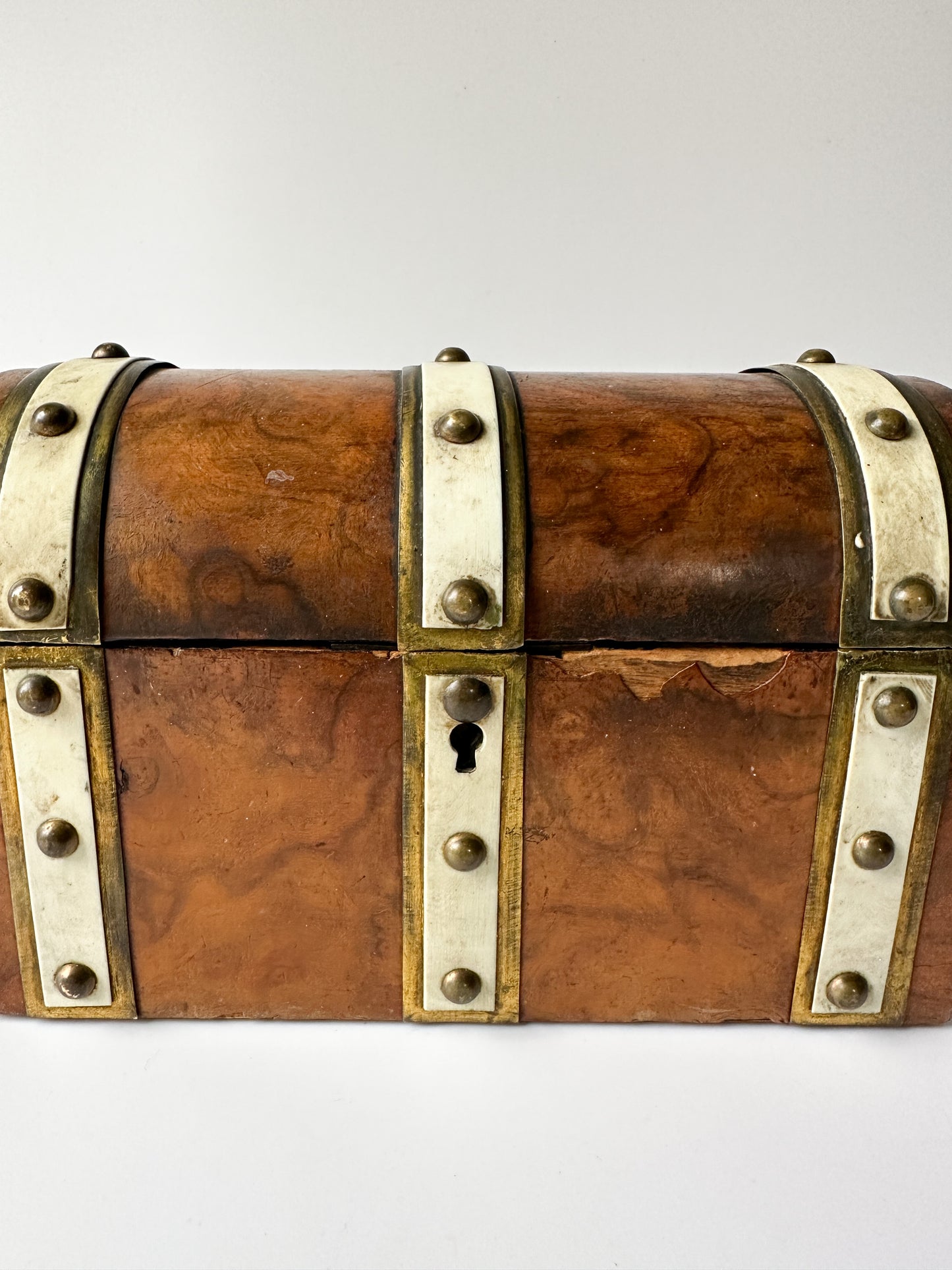 Antique Burl Walnut Wood Dome Lid Box with Brass Details