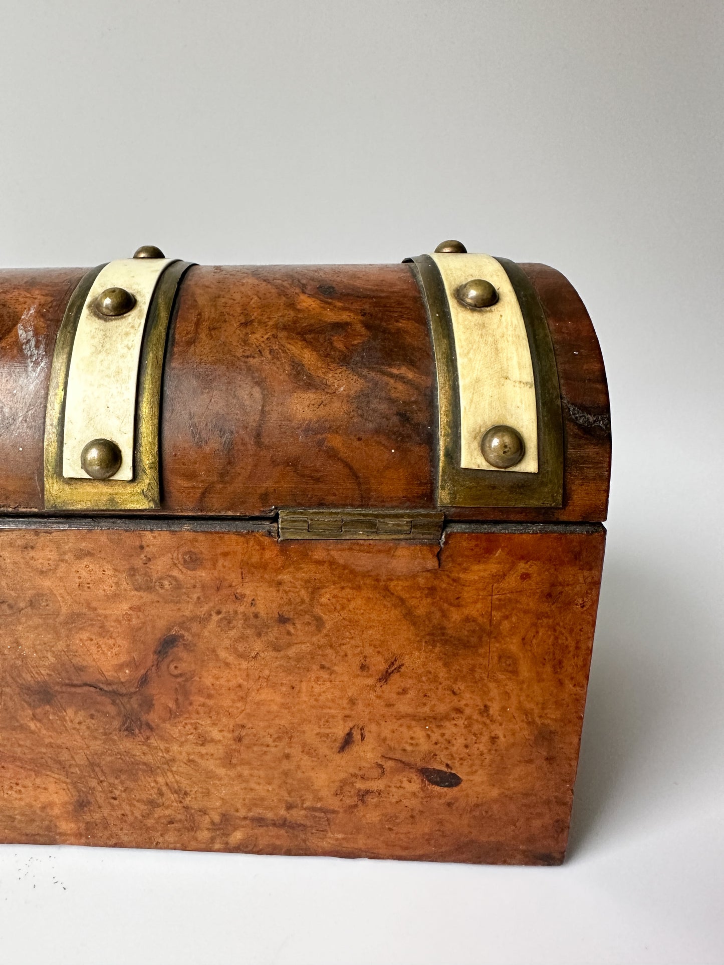 Antique Burl Walnut Wood Dome Lid Box with Brass Details