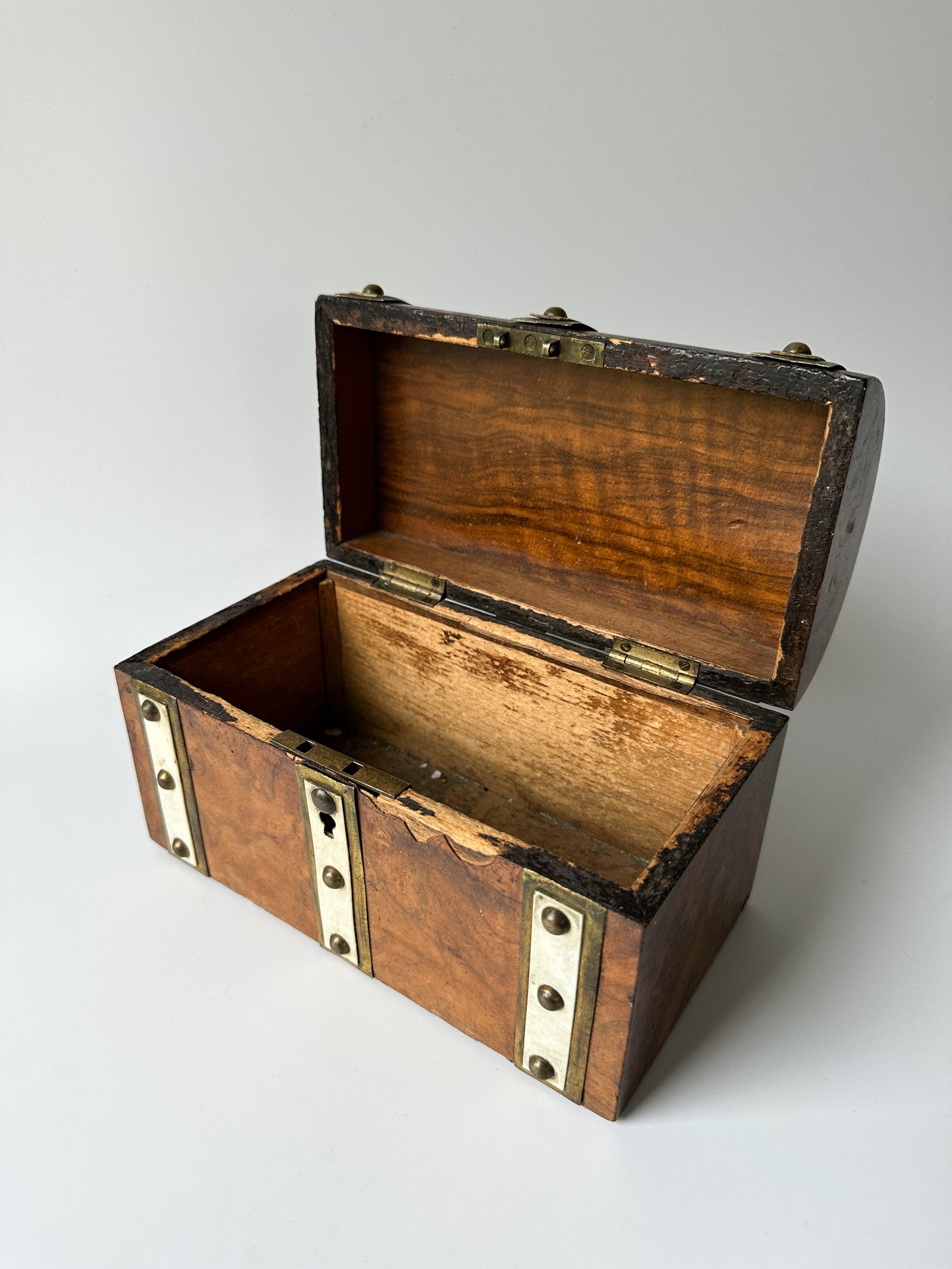 Antique Burl Walnut Wood Dome Lid Box with Brass Details