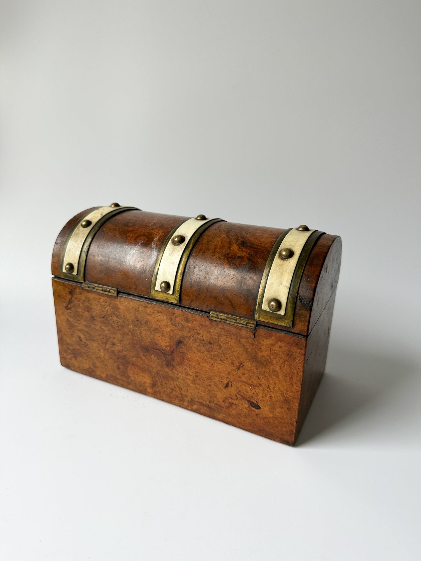 Antique Burl Walnut Wood Dome Lid Box with Brass Details