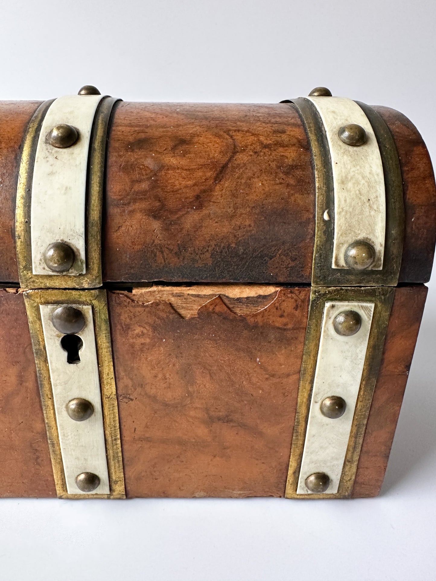 Antique Burl Walnut Wood Dome Lid Box with Brass Details