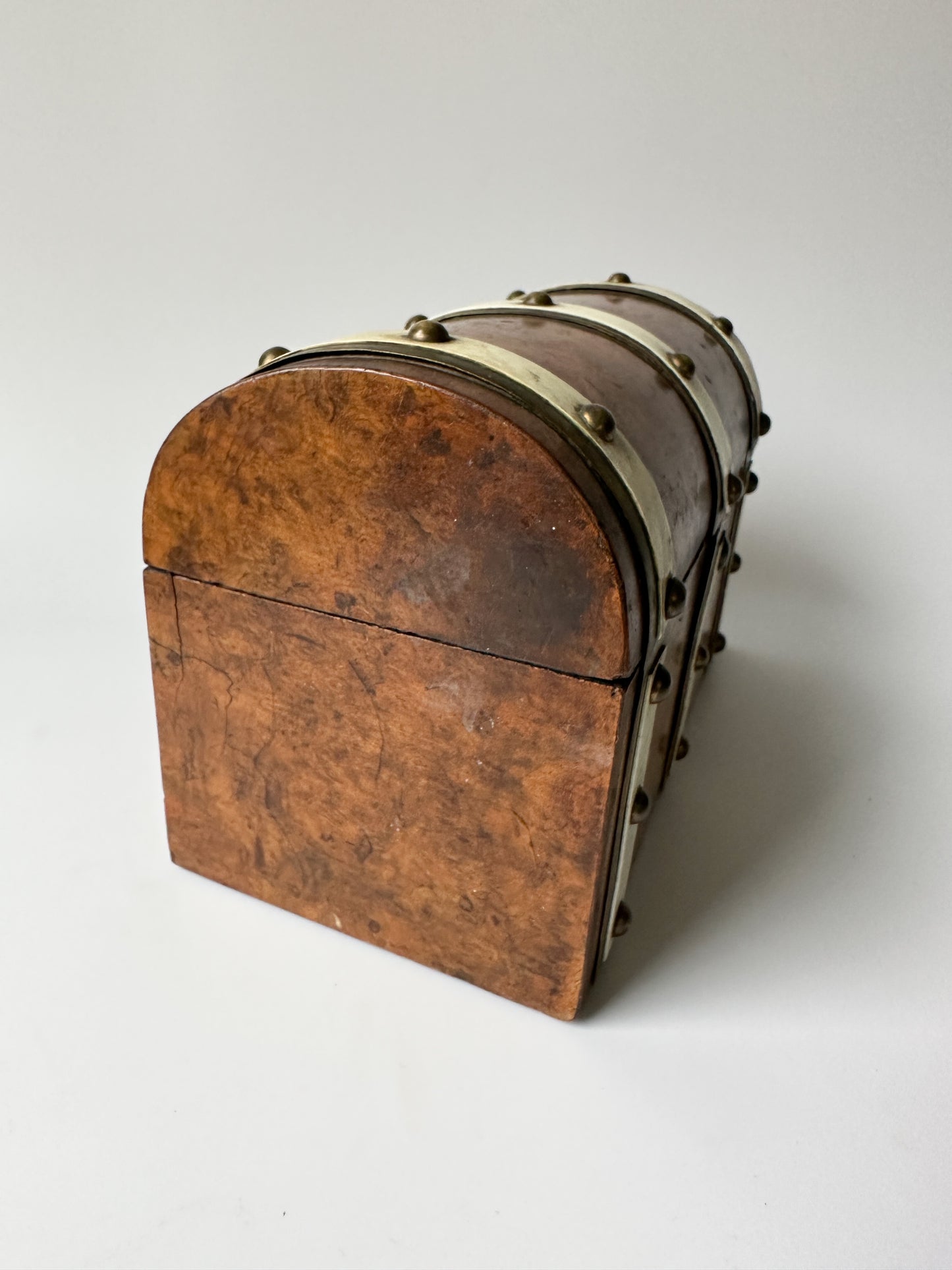 Antique Burl Walnut Wood Dome Lid Box with Brass Details